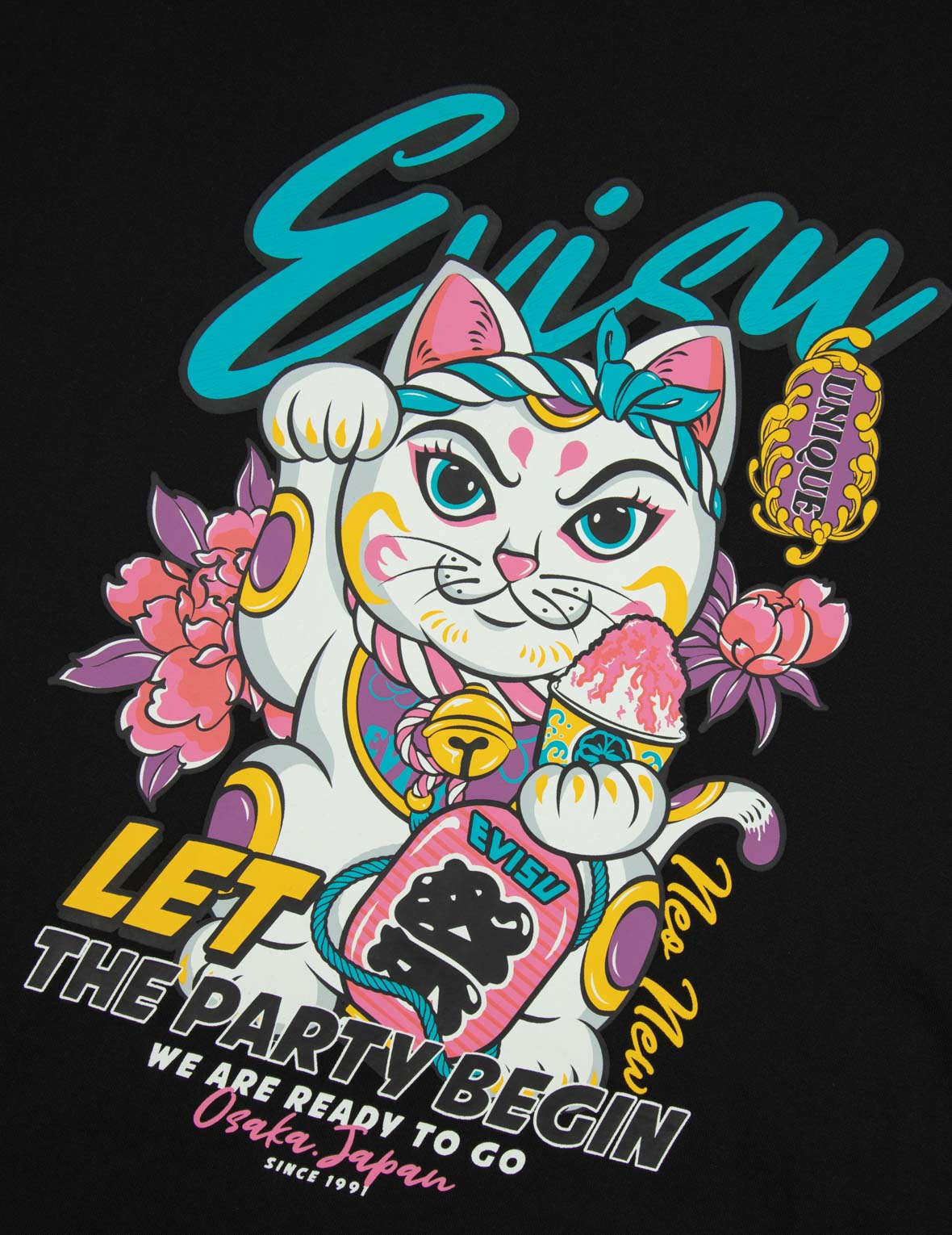 招财猫和花卉印花男友款T恤