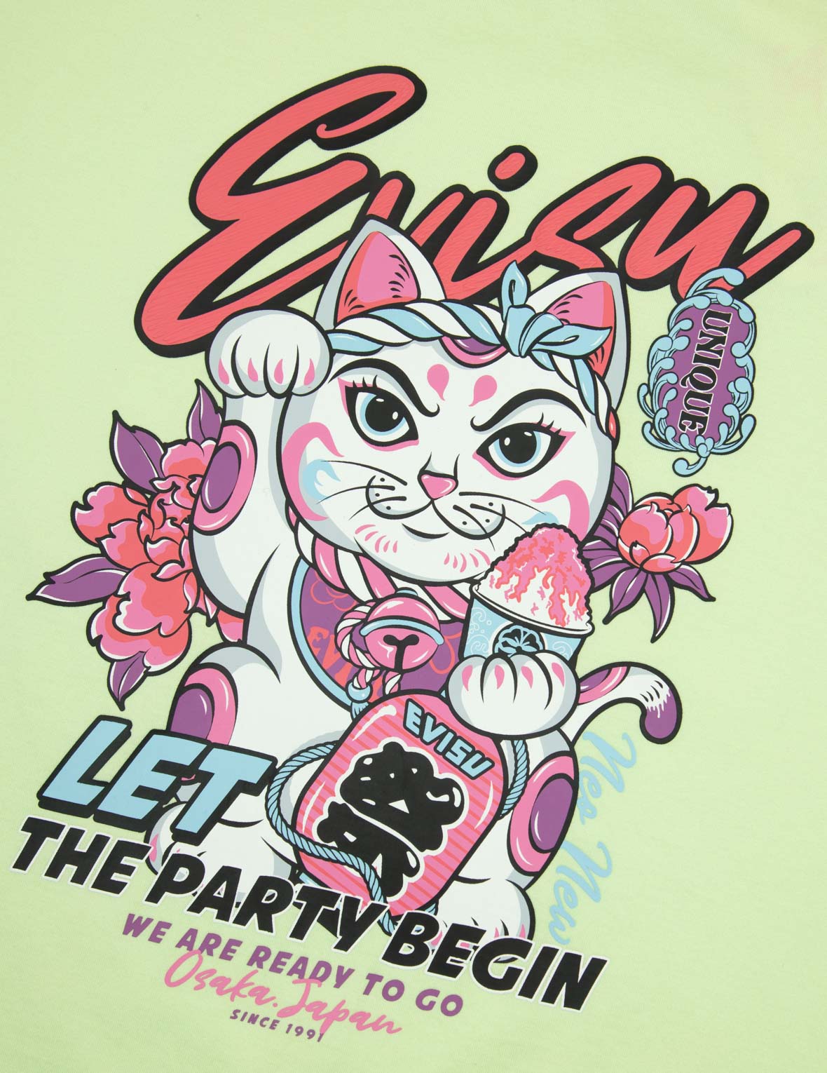 招财猫和花卉印花男友款T恤