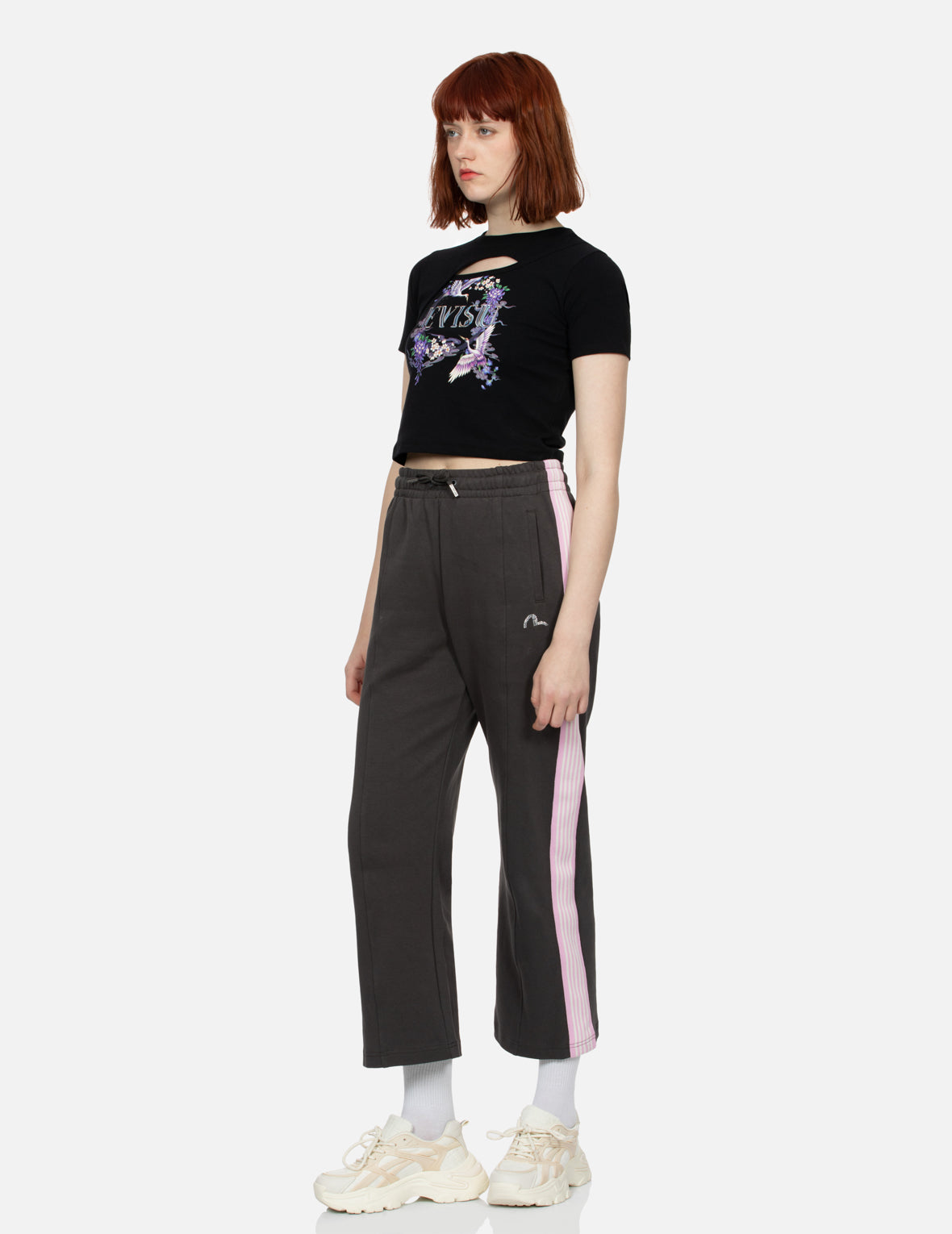 仙鹤和紫藤花印花镂空时尚版型T恤