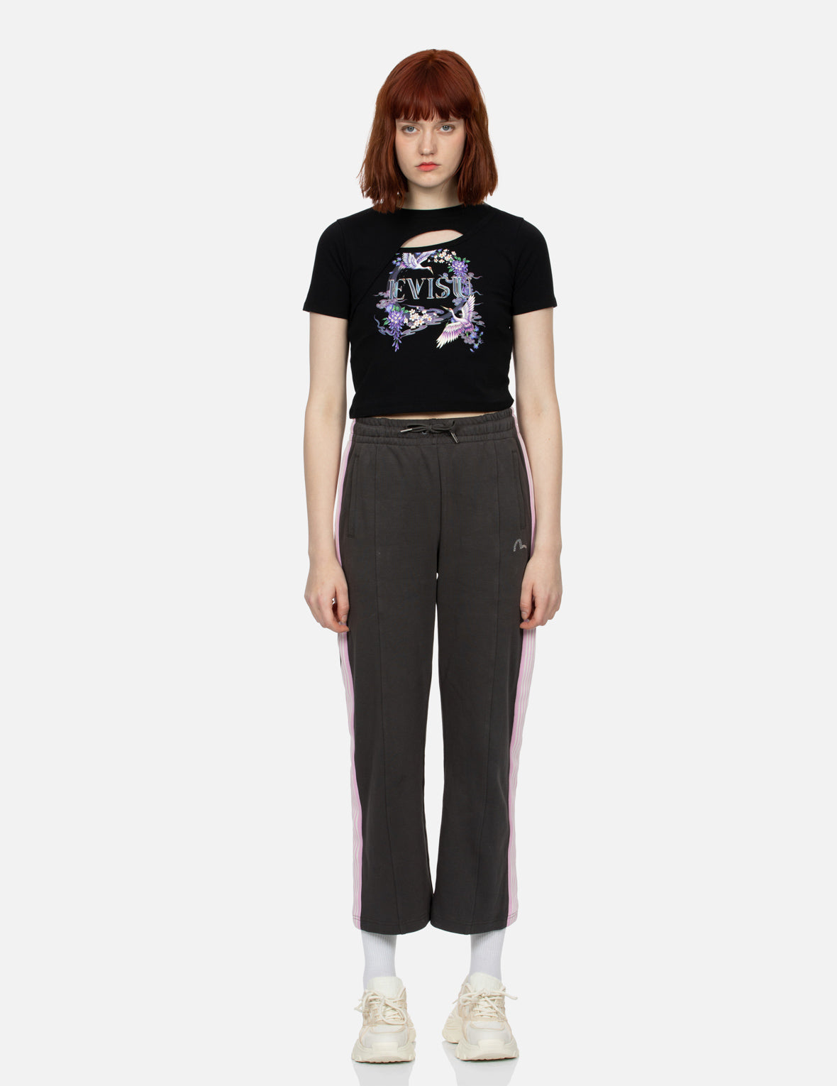 仙鹤和紫藤花印花镂空时尚版型T恤