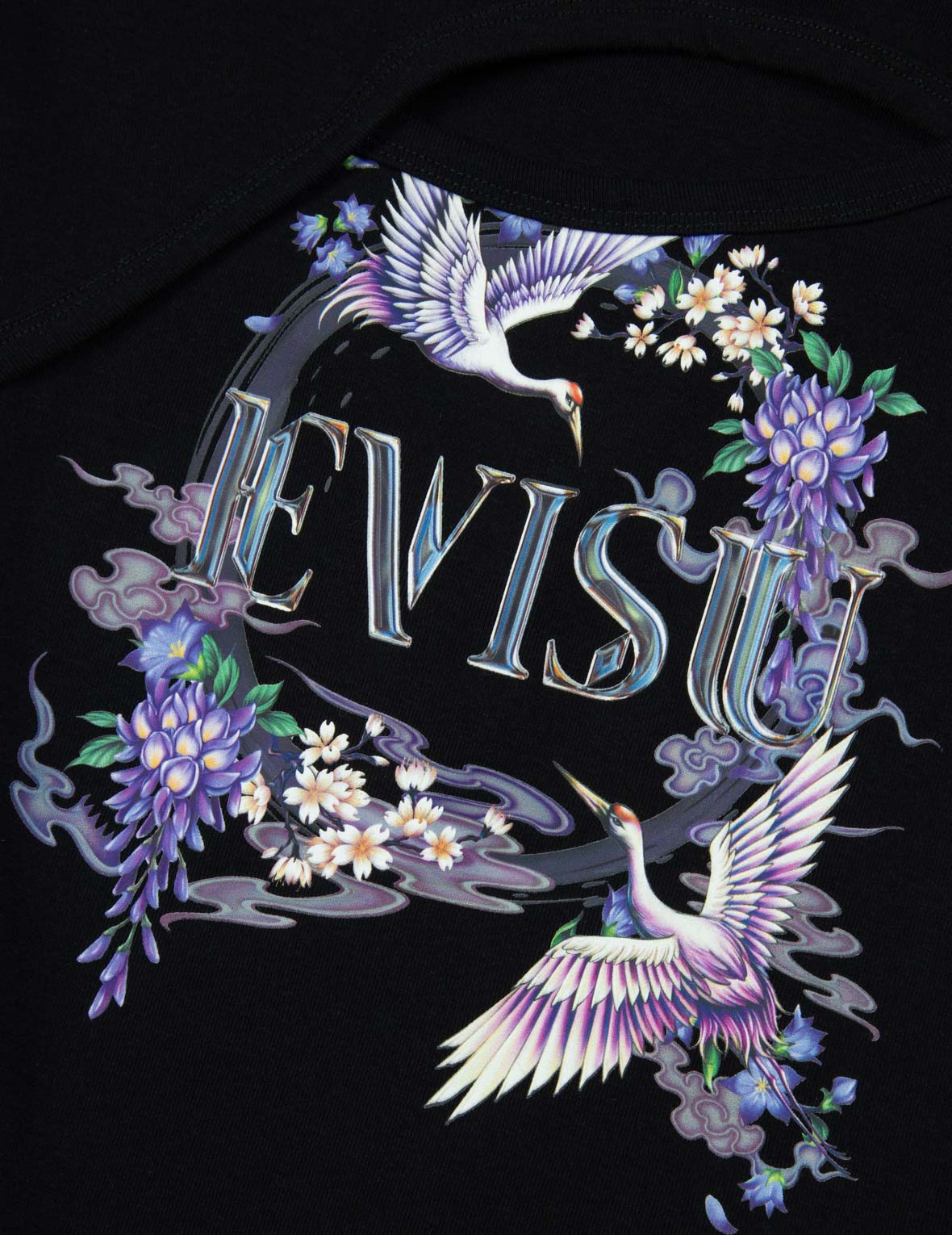 仙鹤和紫藤花印花镂空时尚版型T恤