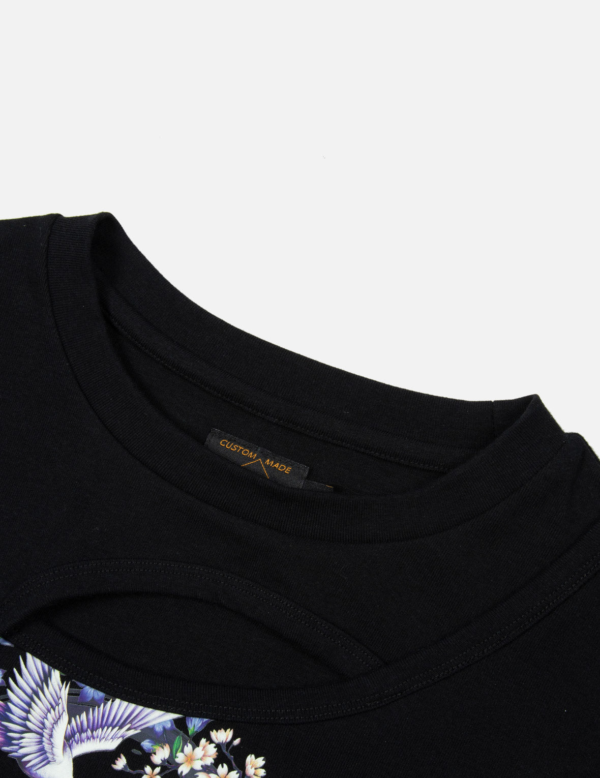 仙鹤和紫藤花印花镂空时尚版型T恤