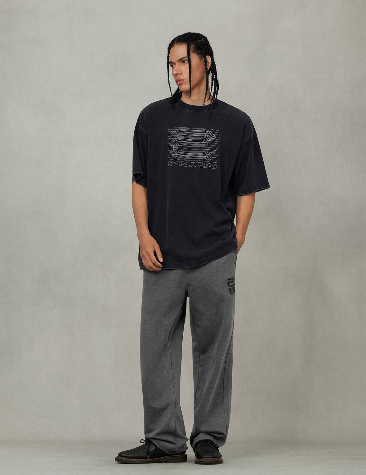 EVISUKURO E刺绣破损宽版运动裤