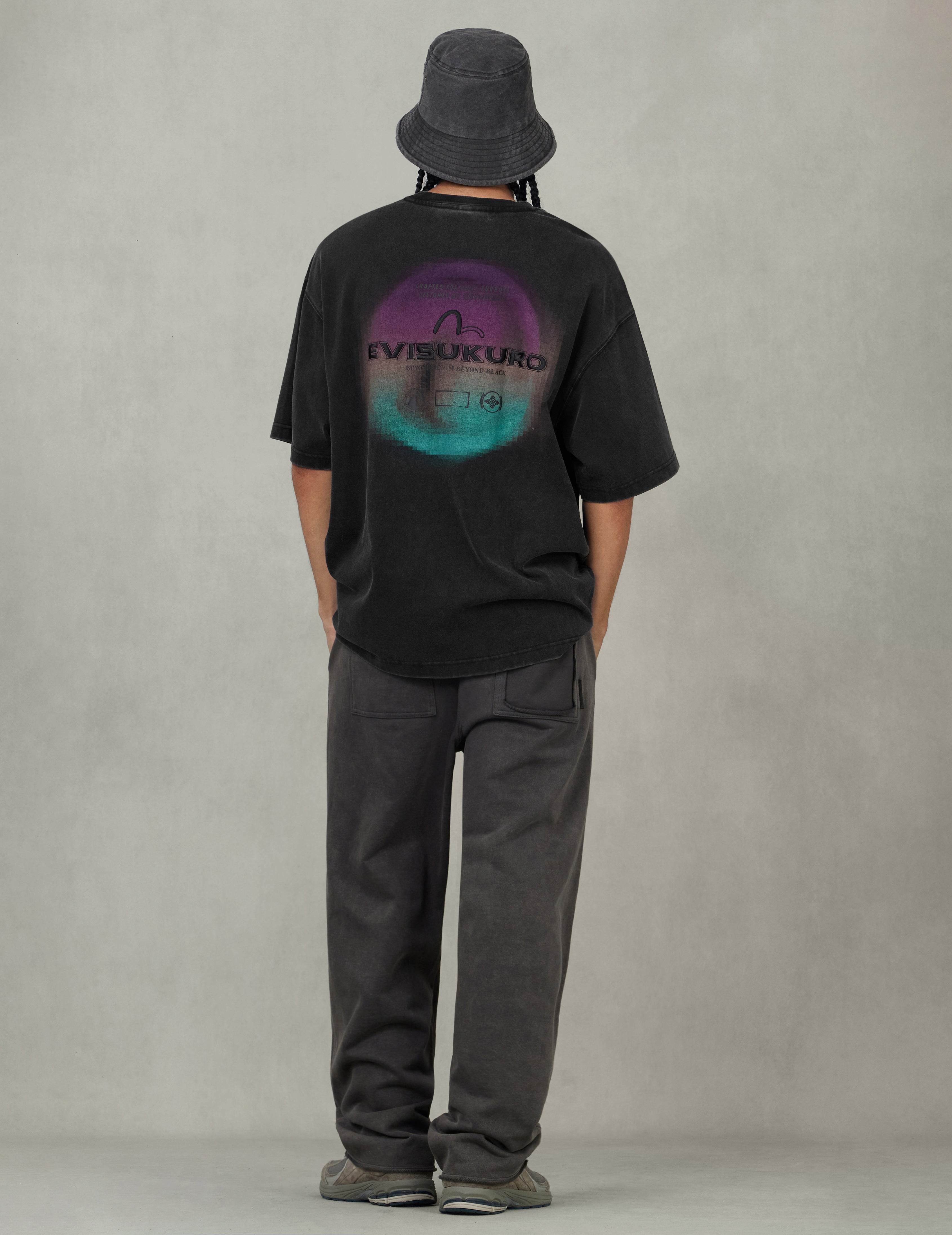 Washed Distressed Pocket and Gradient Print Loose Fit T-shirt