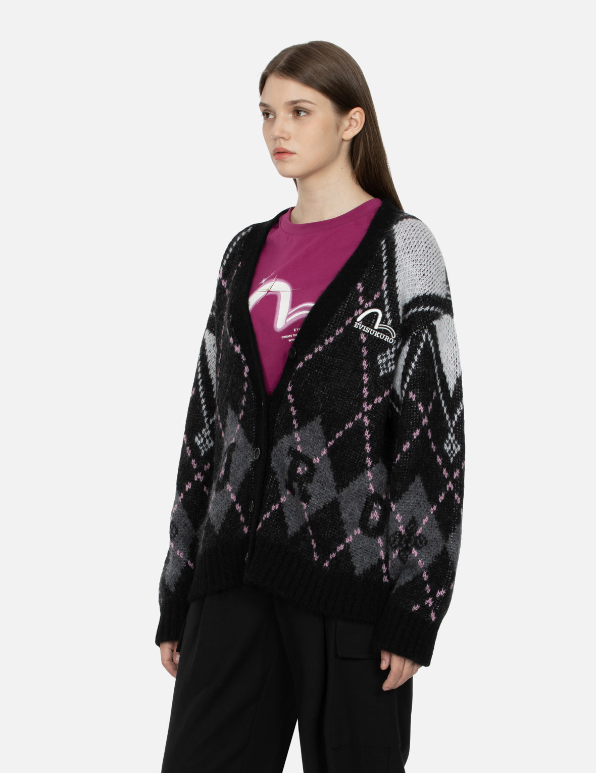 Logo and Seagull Embroidery Relaxed Fit Argyle Cardigan