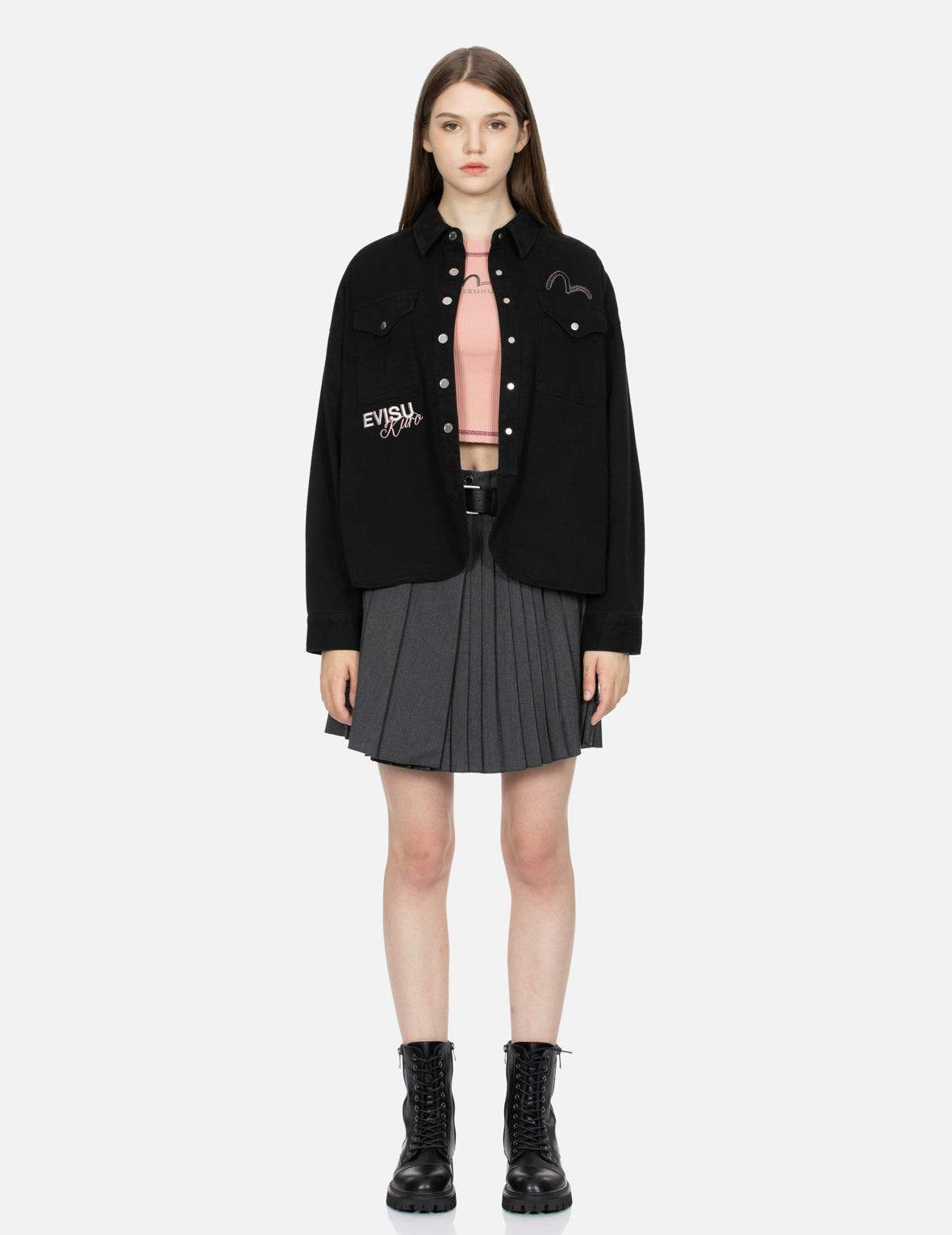Floral Kamon Embroidery Boxy Shirt Jacket