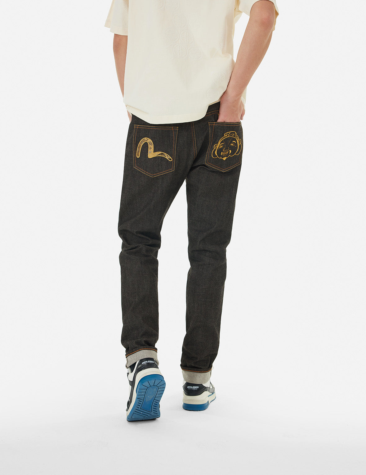 Brocade Seagull Appliqué and Godhead Embroidery Taper Fit Jeans #2017