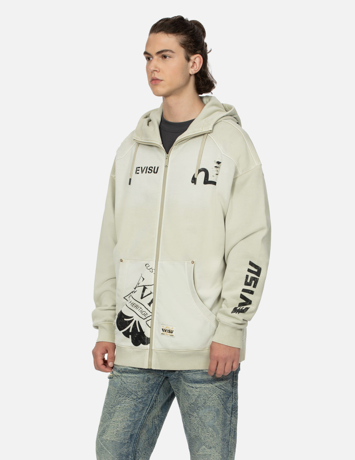 Multi Logos Print Loose Fit Washed Zip-Up Hoodie – EVISU