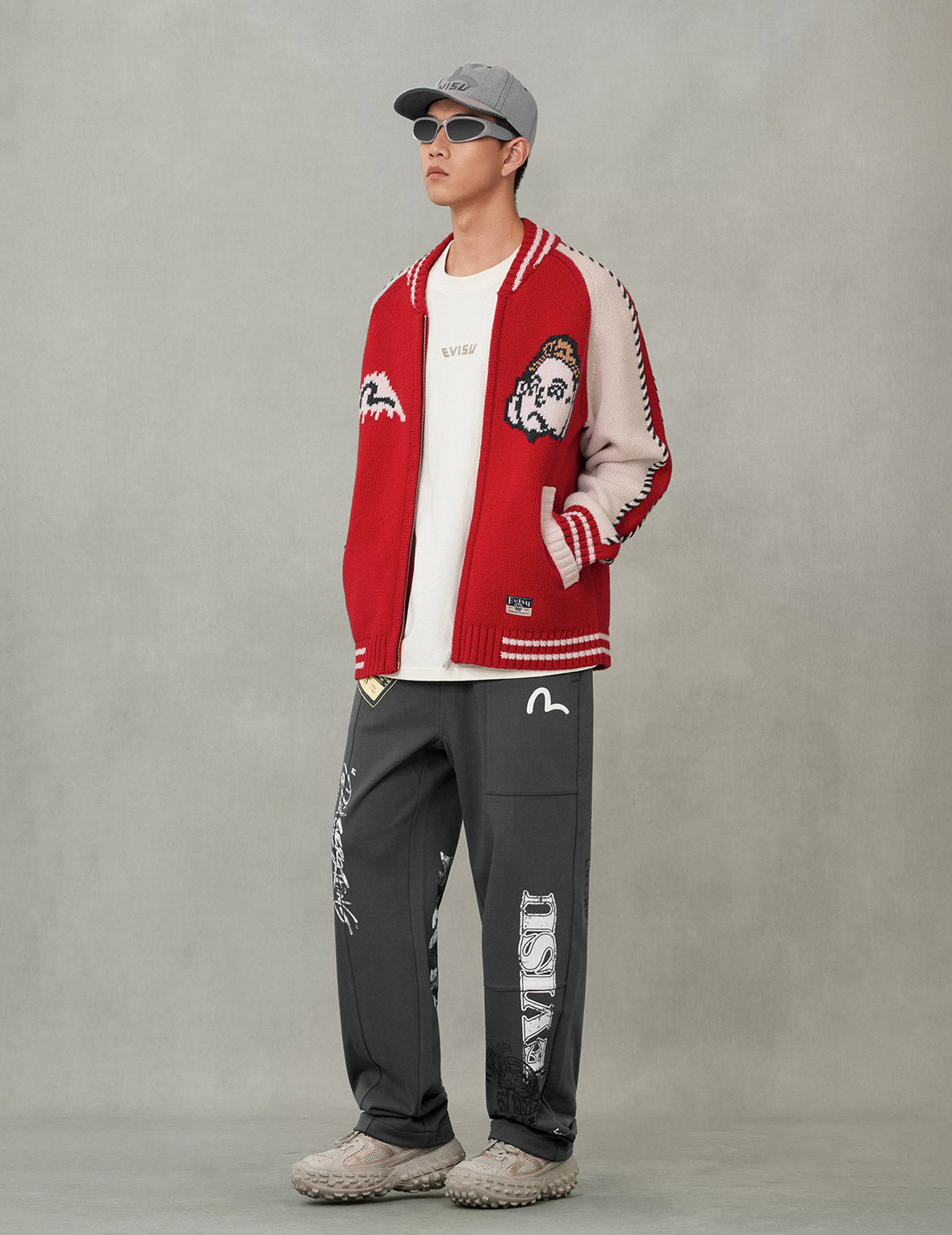 文字绘佛头嵌花宽版休闲编织羊毛外套