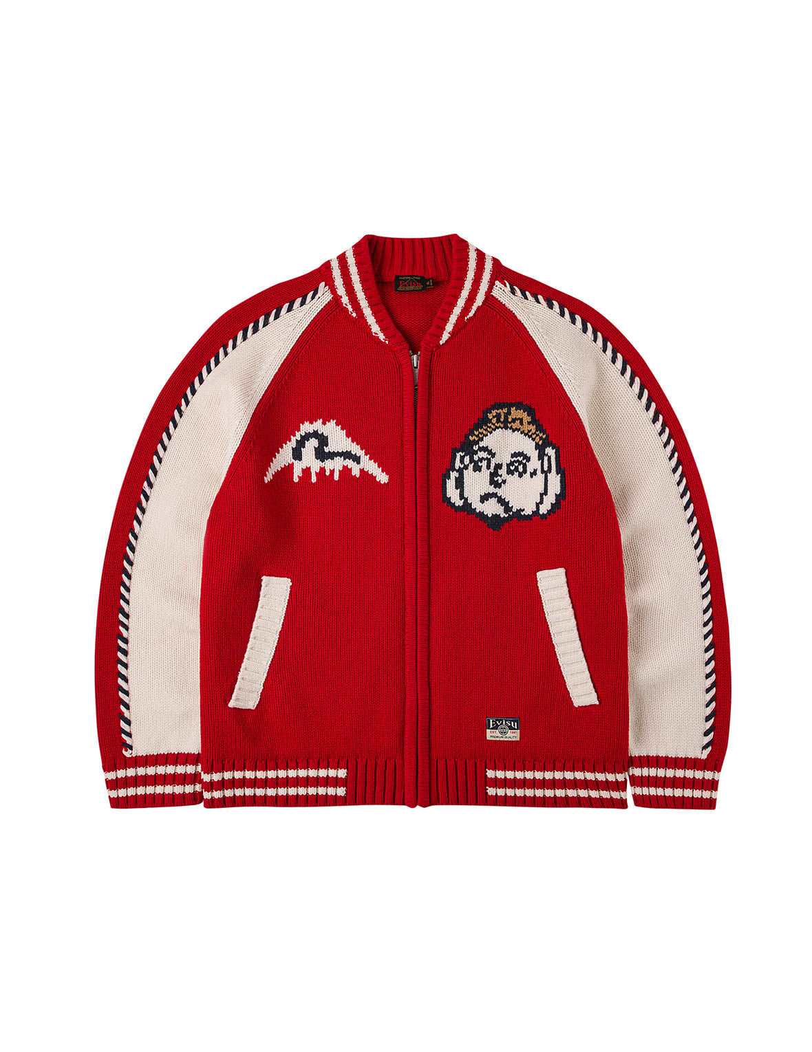 文字绘佛头嵌花宽版休闲编织羊毛外套