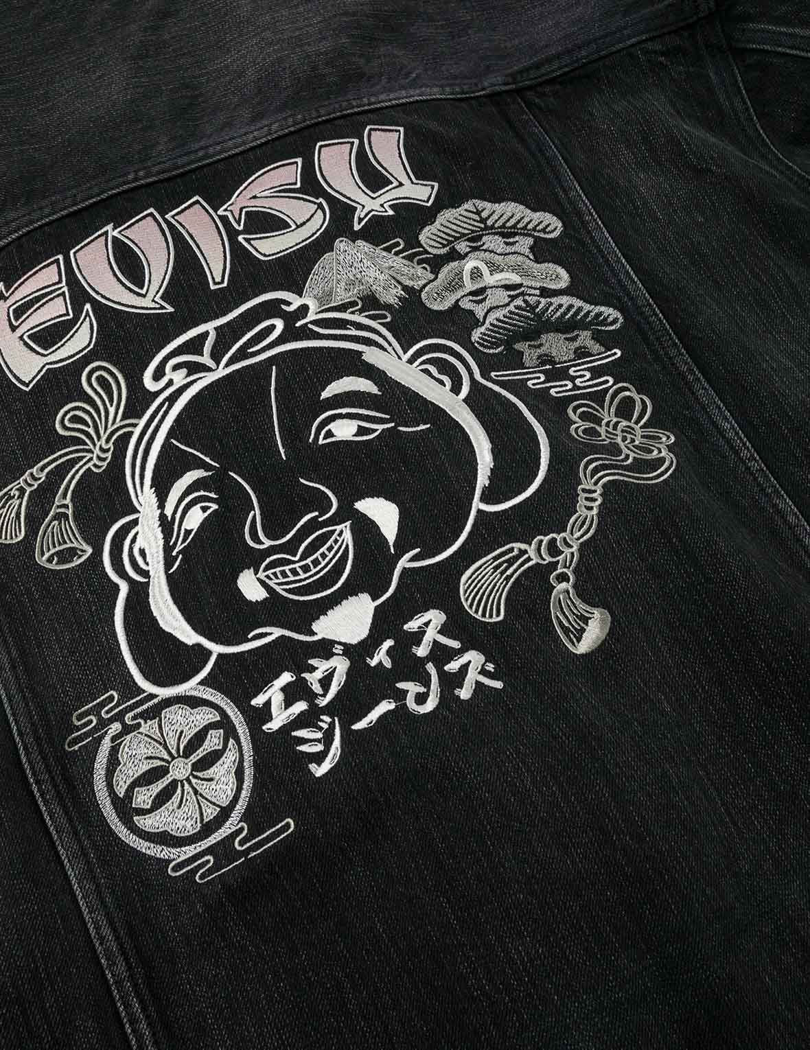 佛头和商标刺绣超宽版中国风水洗牛仔外套– EVISU