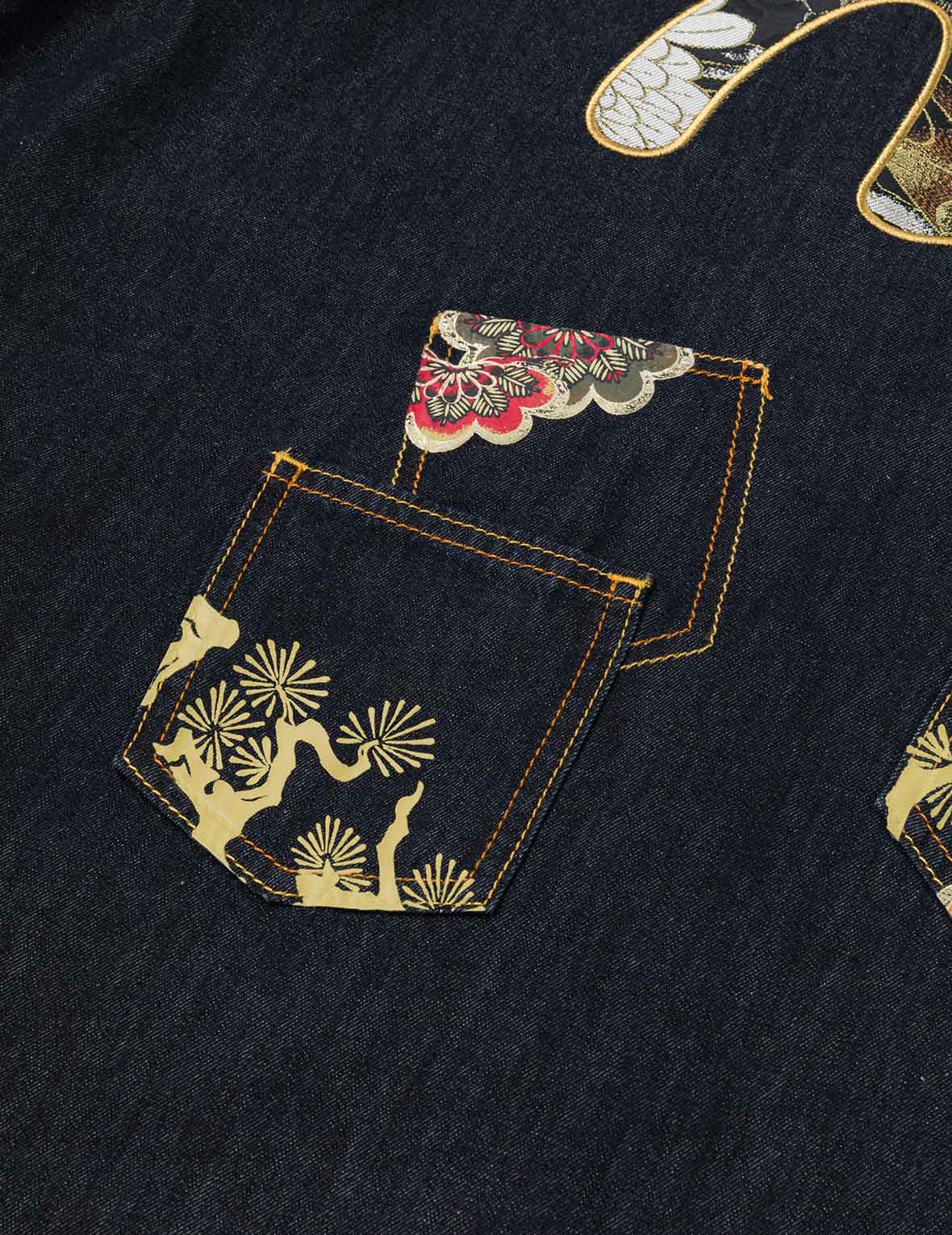 Multi-pocket and Barcode Seagull Embroidery Regular Fit Denim Shirt