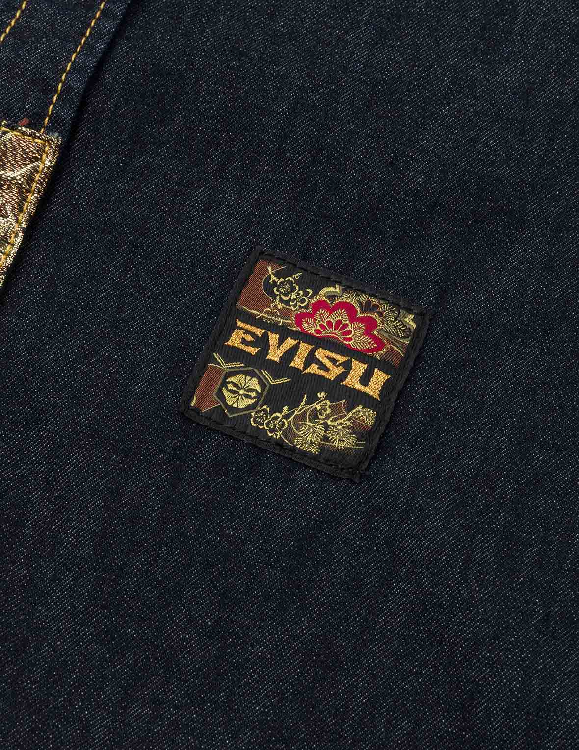 Multi-pocket and Barcode Seagull Embroidery Regular Fit Denim Shirt