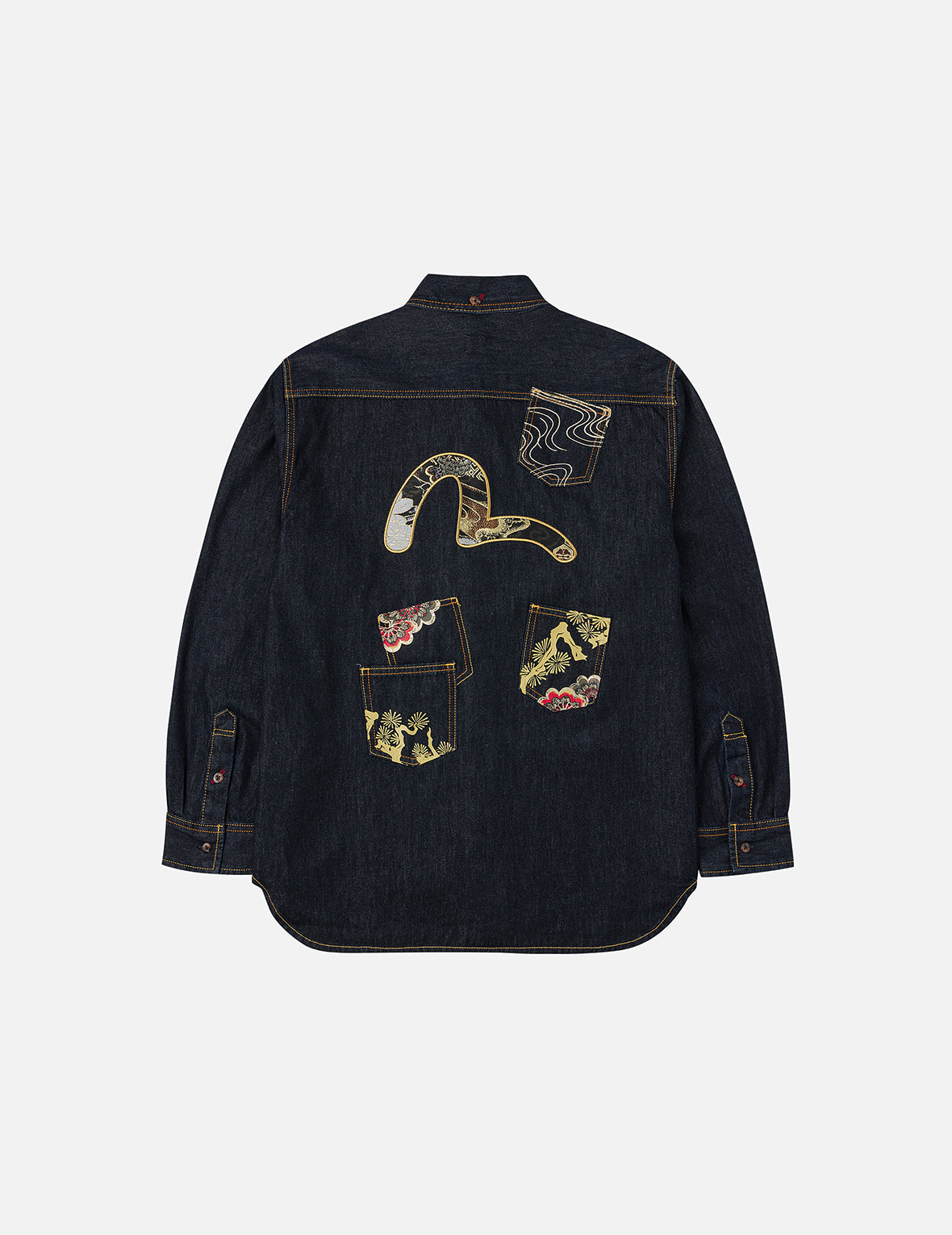 Multi-pocket and Barcode Seagull Embroidery Regular Fit Denim Shirt