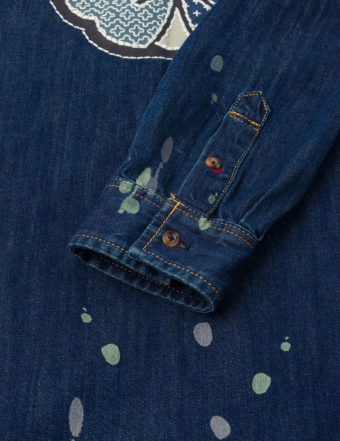 刺子绣家花宽版休闲牛仔衬衫