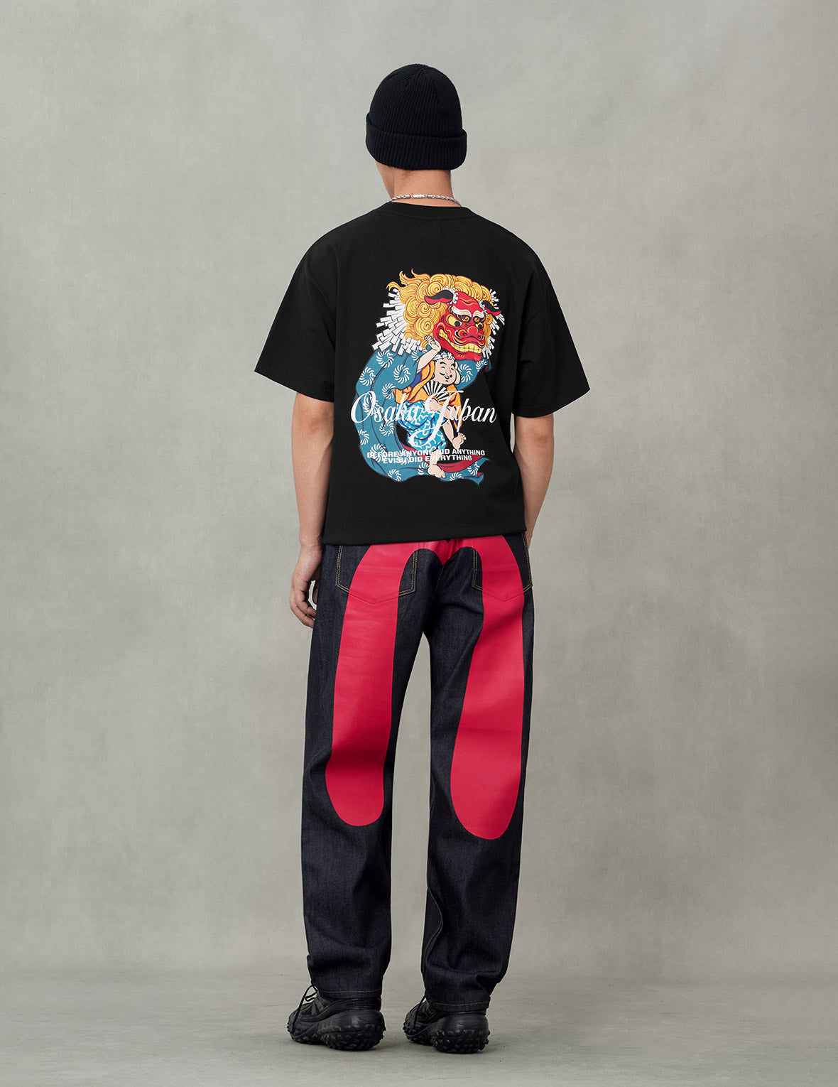 Red Daicock Print Loose Fit Jeans #2038