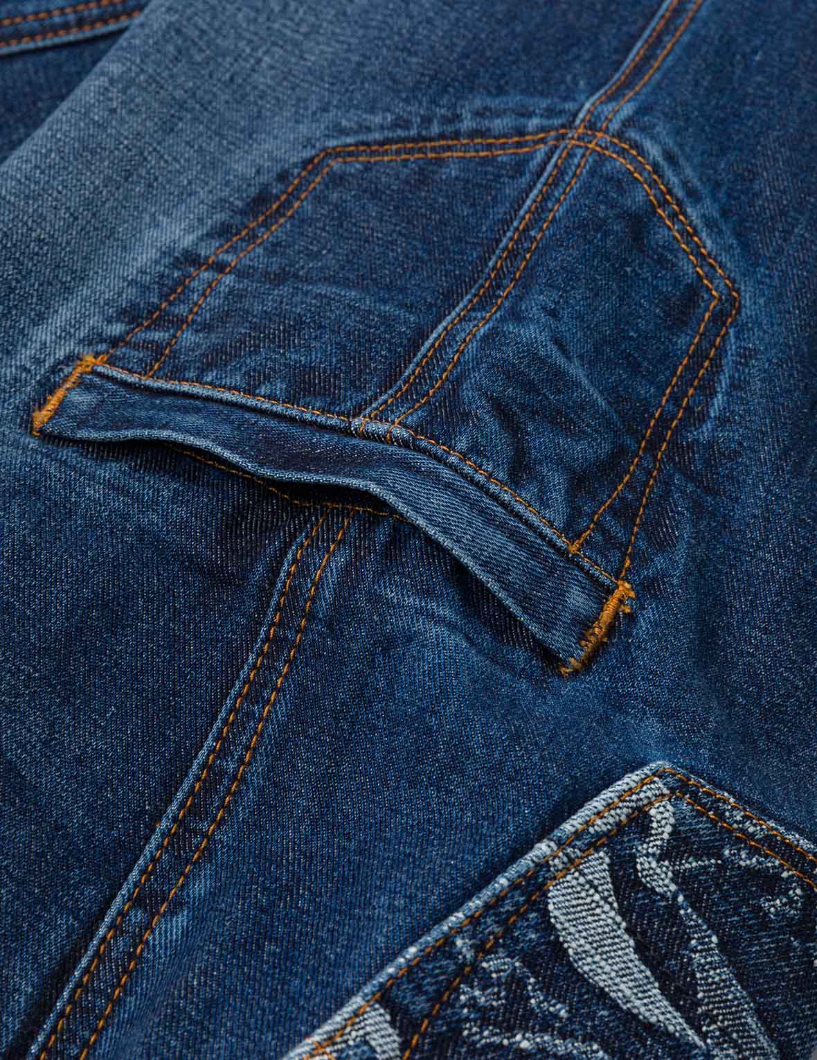 多口袋和海鸥仙鹤印花宽版洗水牛仔束脚裤