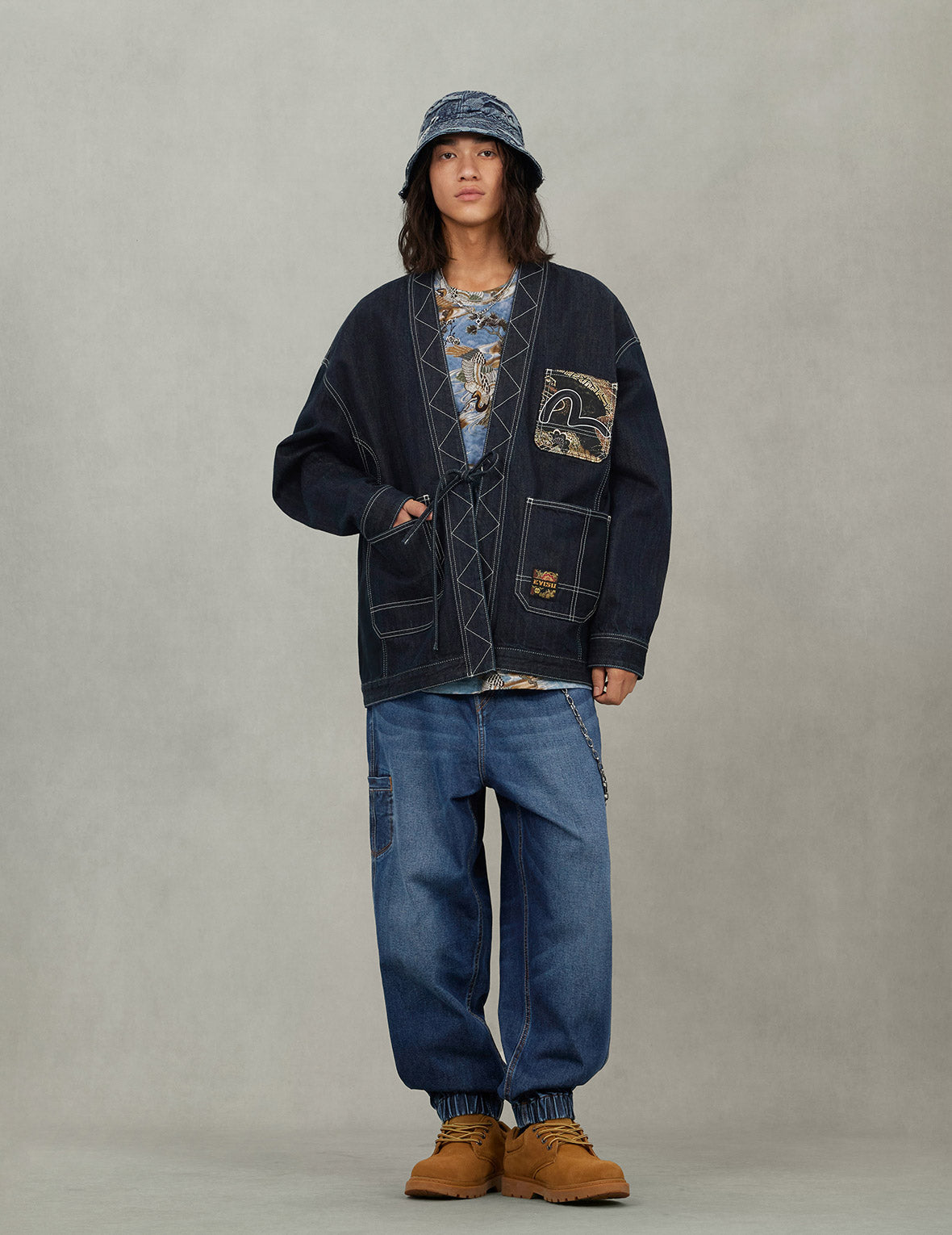 织锦贴布多口袋宽版休闲和服外套