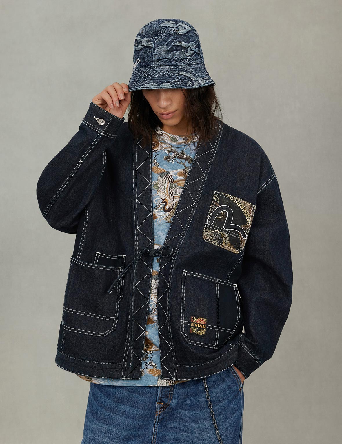 织锦贴布多口袋宽版休闲和服外套