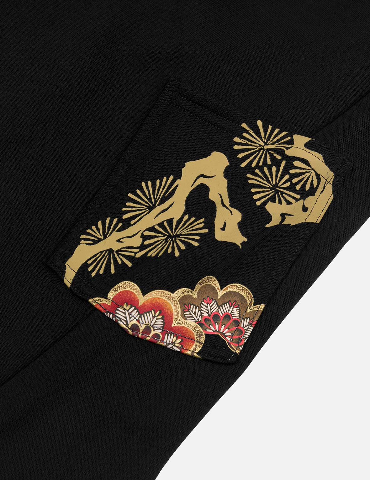 Grateful Crane Print and Multi-pocket Straight Fit Sweatpants