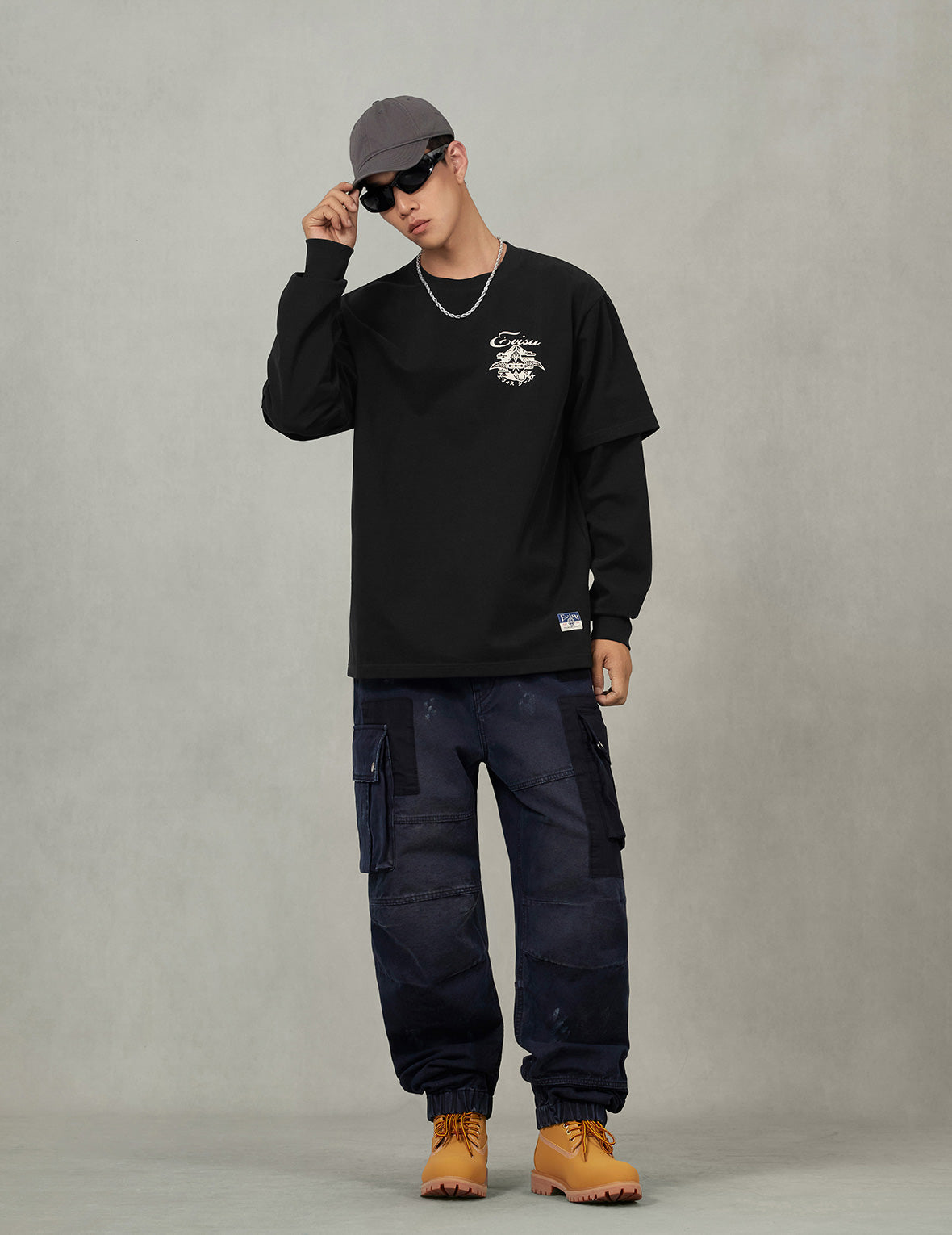 刺子绣家花印花时尚版型假两件长袖T恤