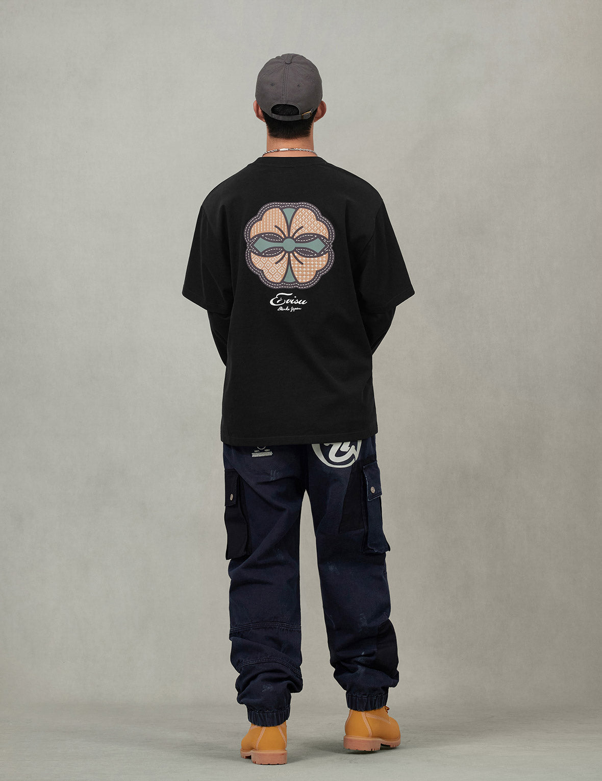 刺子绣家花印花时尚版型假两件长袖T恤