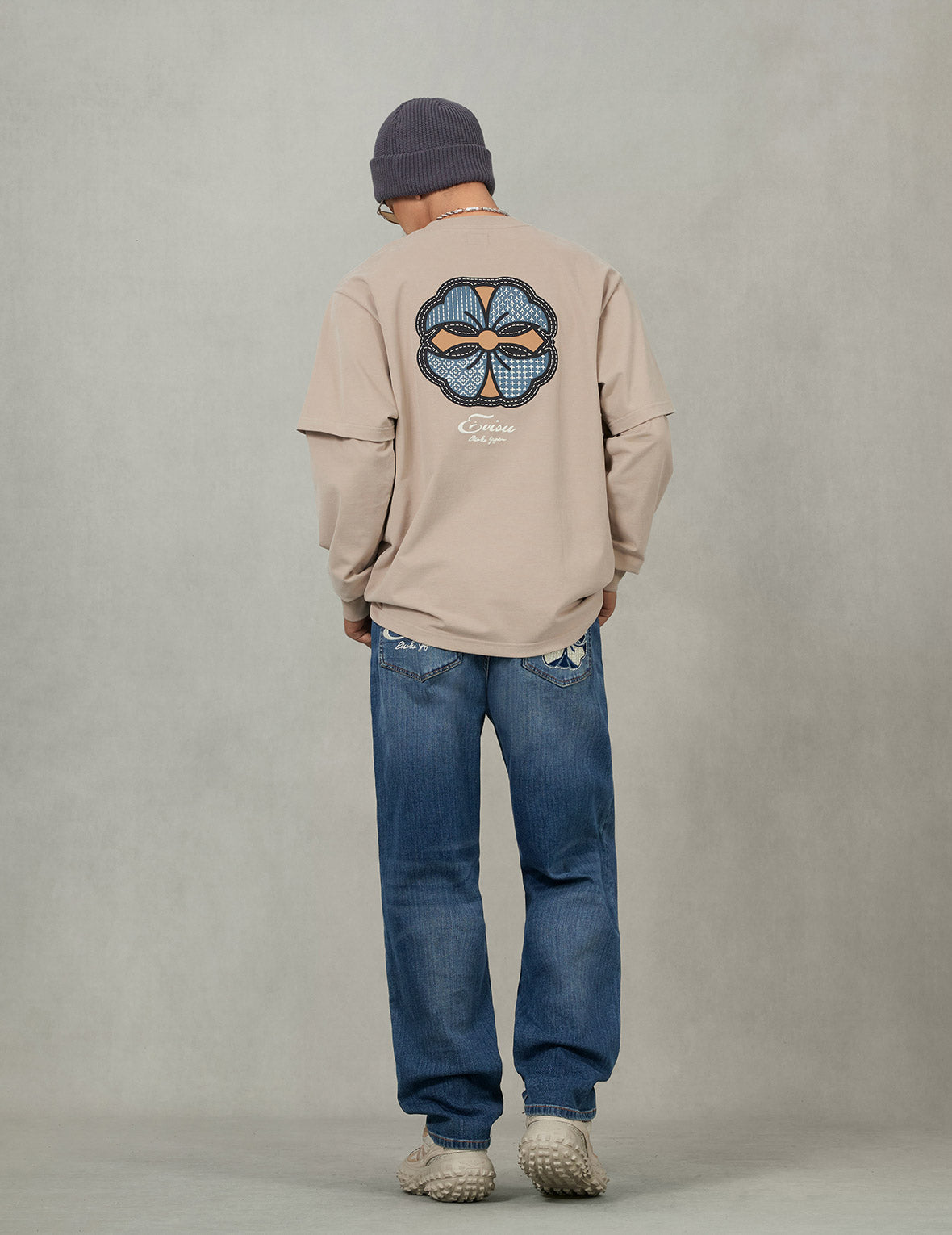 刺子绣家花印花时尚版型假两件长袖T恤