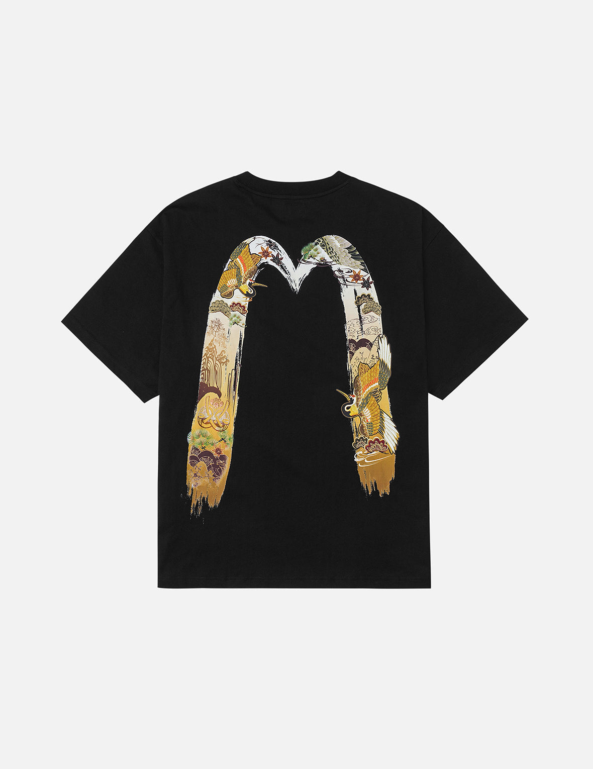 商标和仙鹤翱翔大M印花宽版休闲T恤