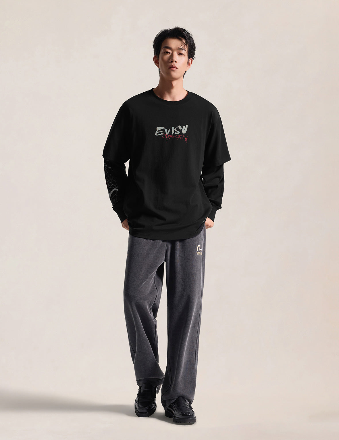 Daruma Print Faux Layered Long-Sleeve T-Shirt