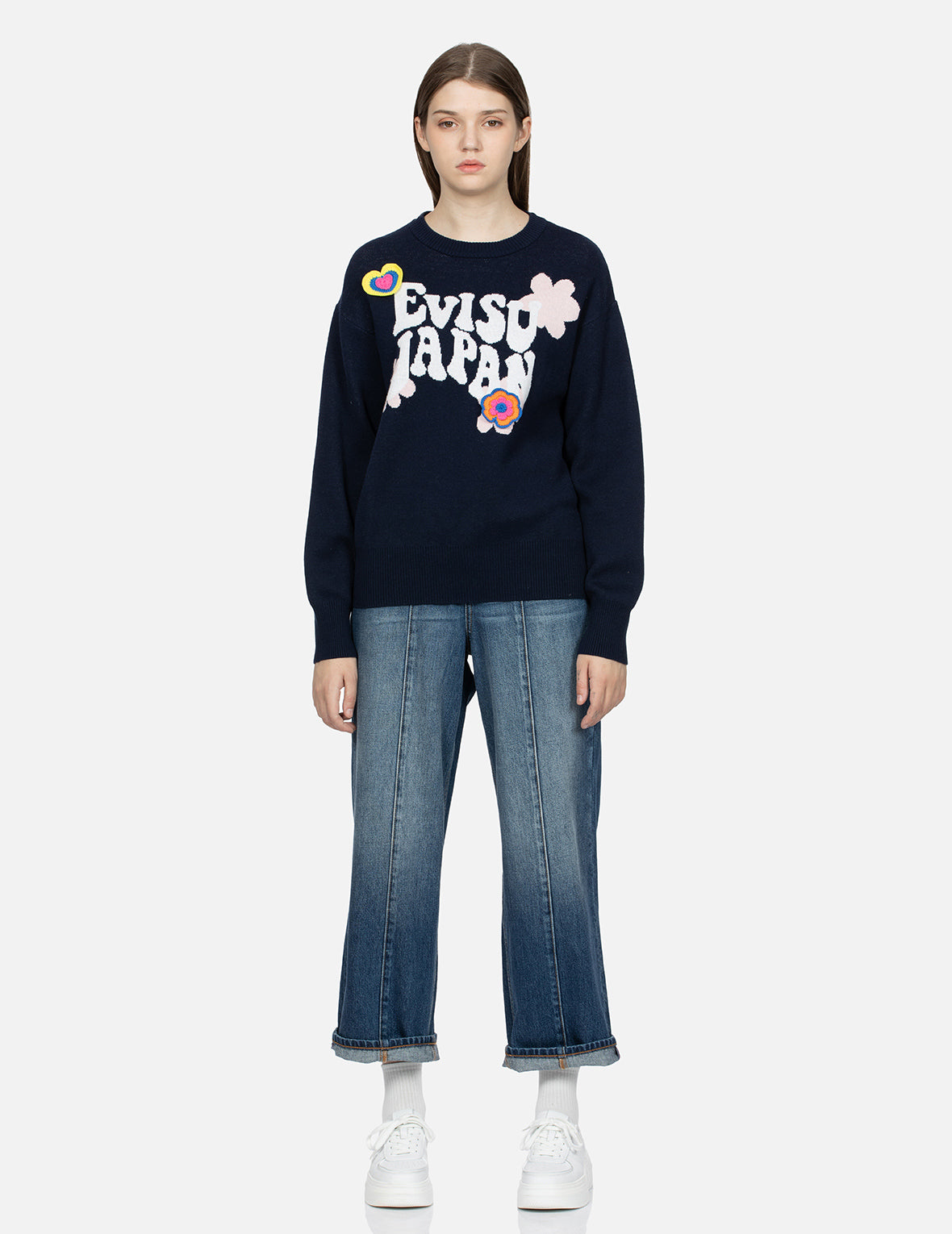 Text Jacquard Fashion Fit Knit Sweater with Crochet Badges