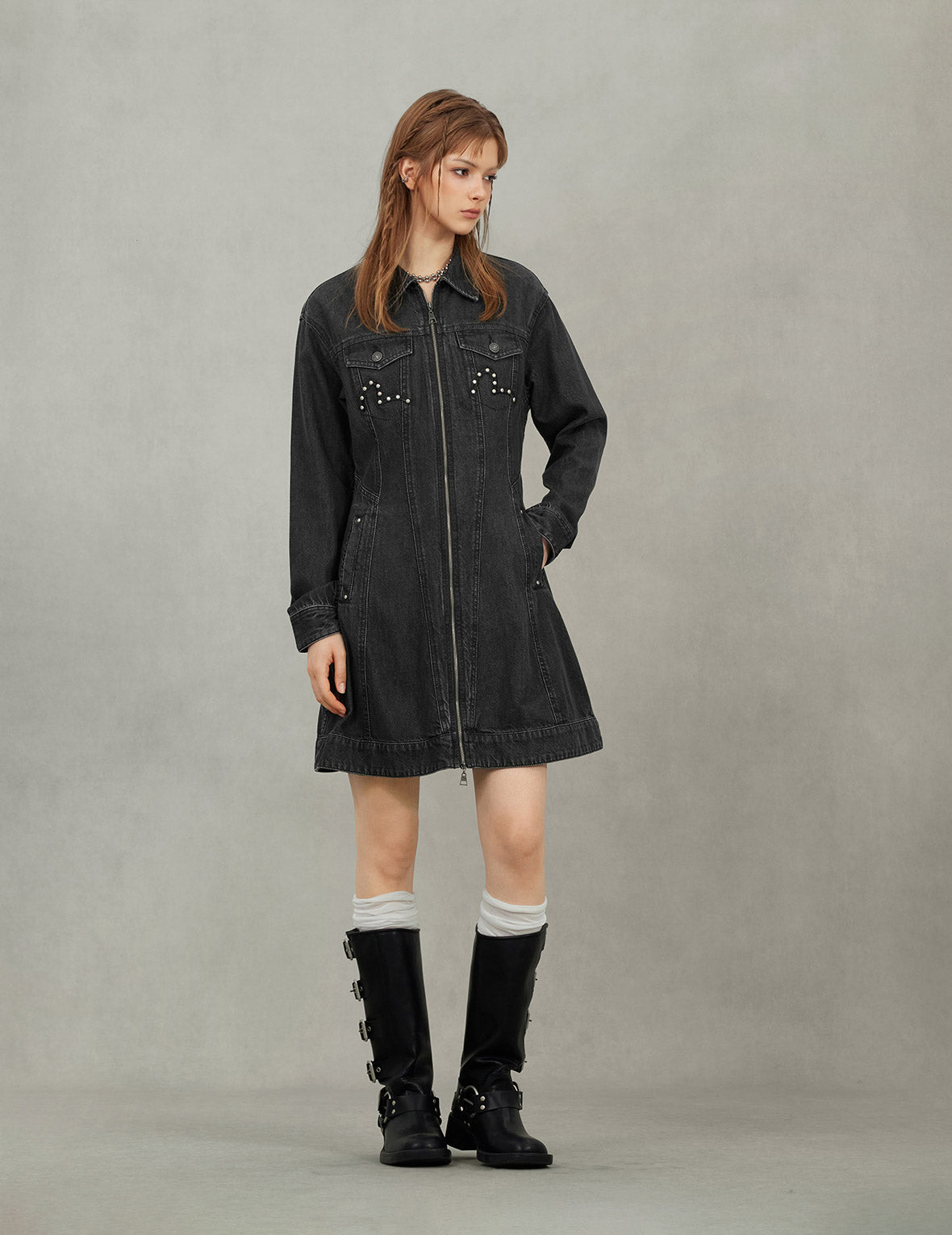 Seagull Embroidery with Studs Fashion Fit Denim Zipper Dress – EVISU
