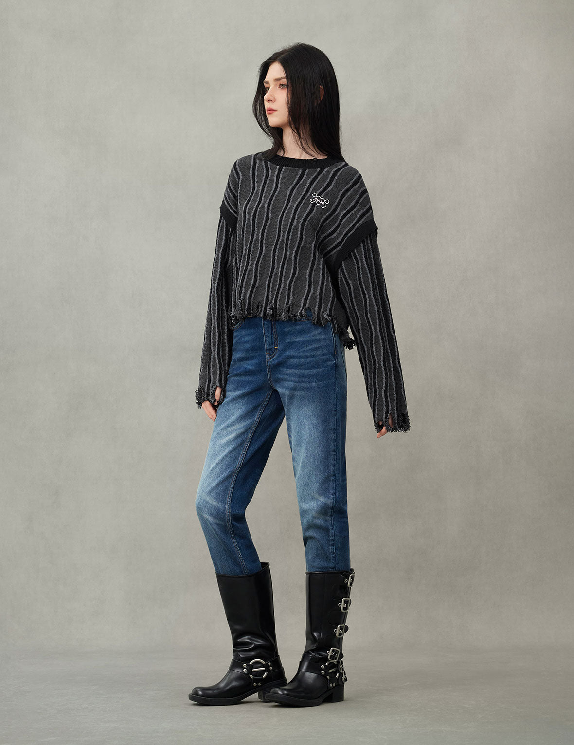 镂空毛茸茸小猫和海鸥刺绣宽版休闲牛仔裤