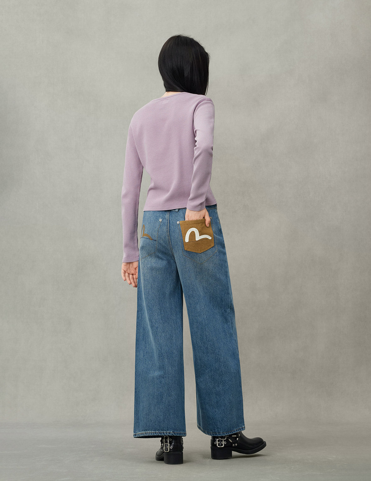 海鸥印花阔脚牛仔裤