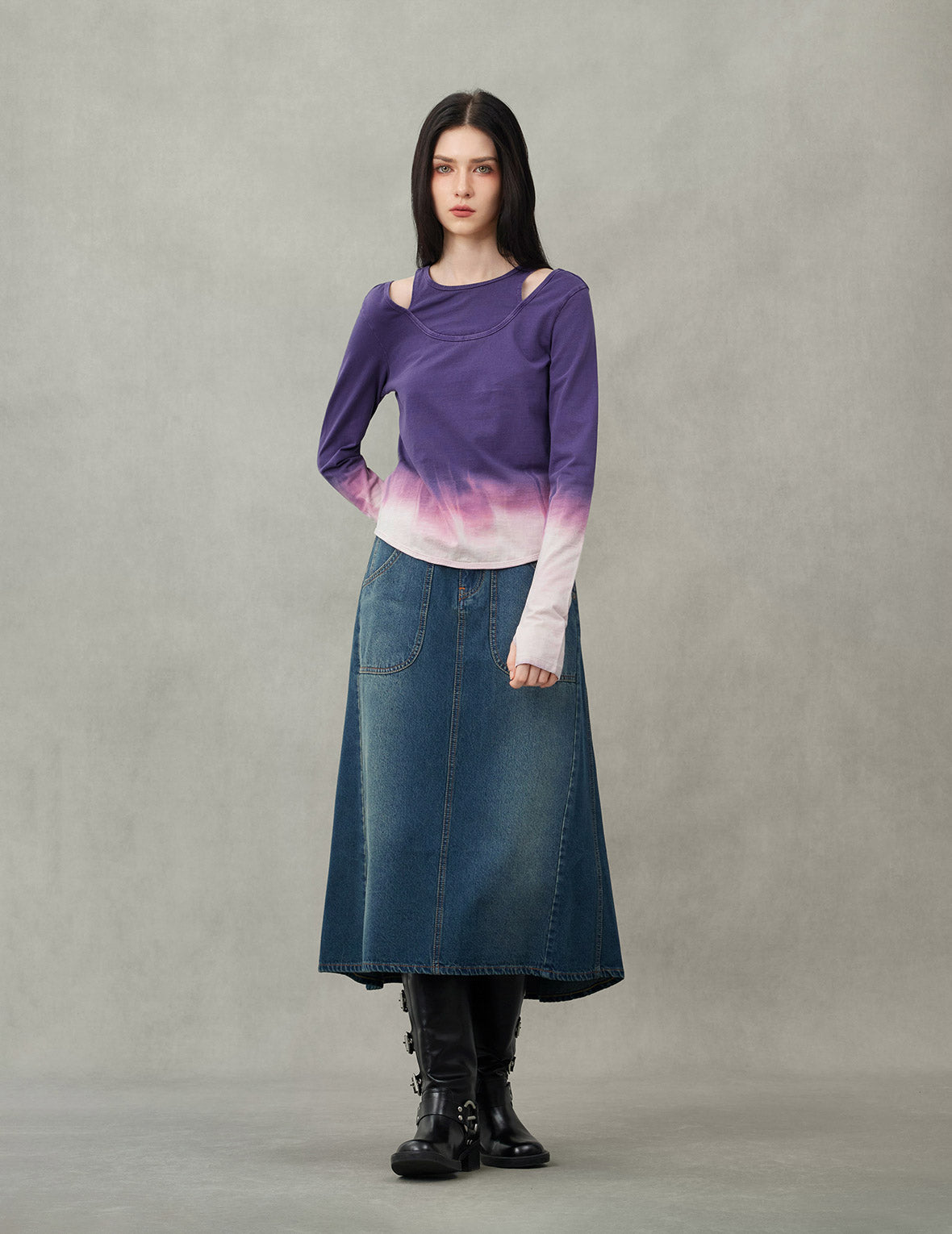 口号印花时尚版型牛仔A字长裙