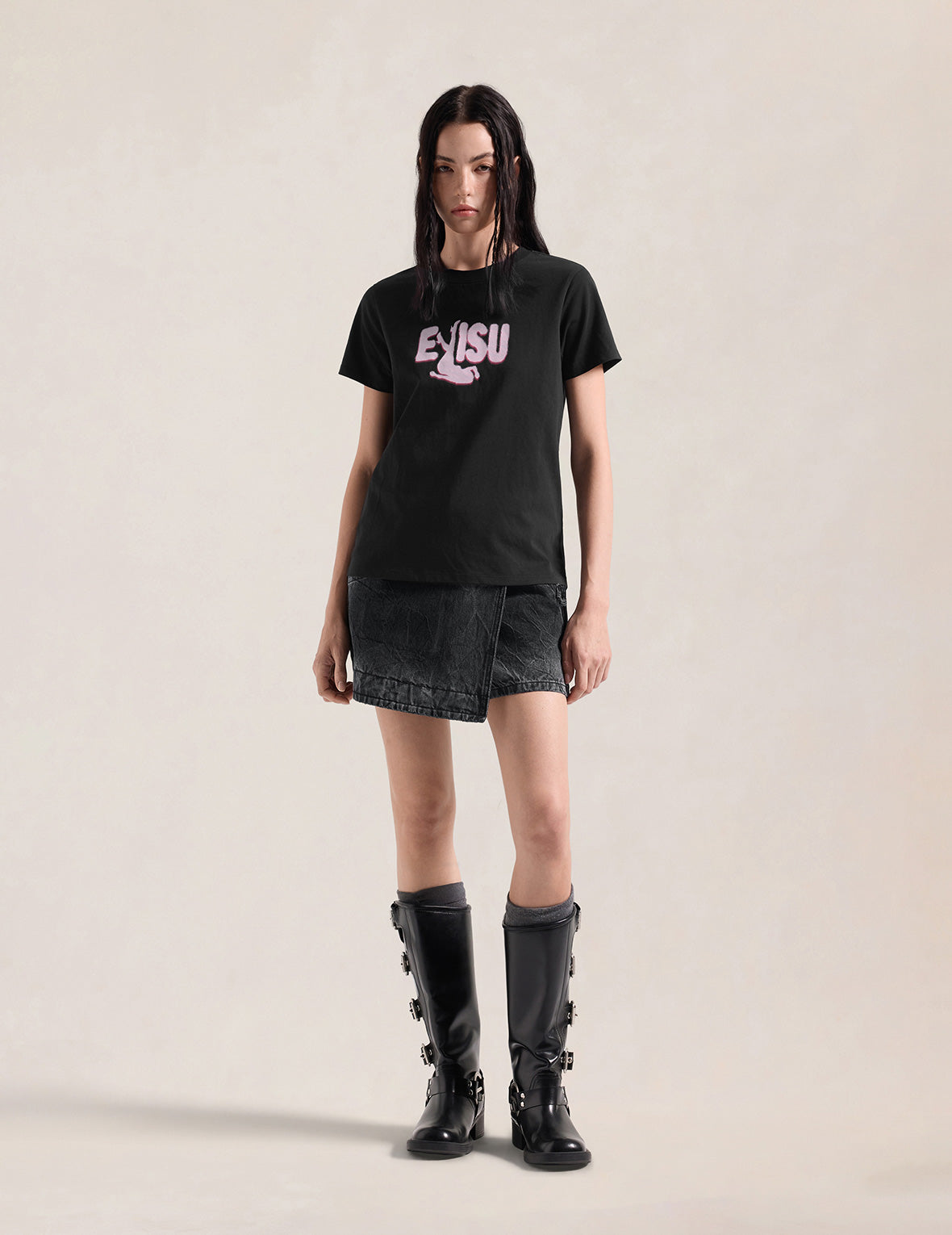 Asymmetric Studded Seagull Denim Skort