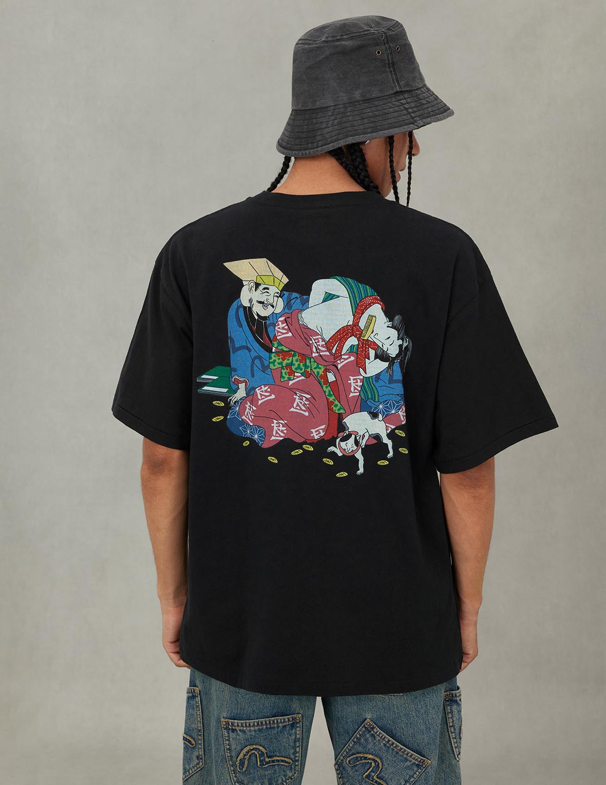 EVISU X F-LAGSTUF-F Shuga and Koban Coin Seagull Print Regular Fit T-shirt - Black