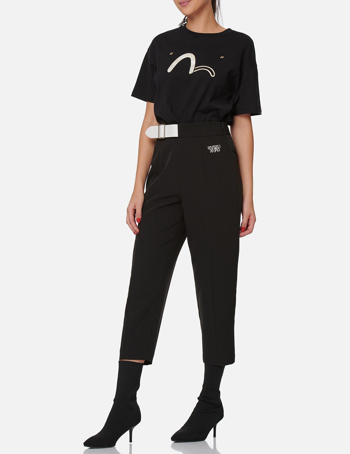 Partial Leather Buckle Belt Cropped Straight Fit Pants