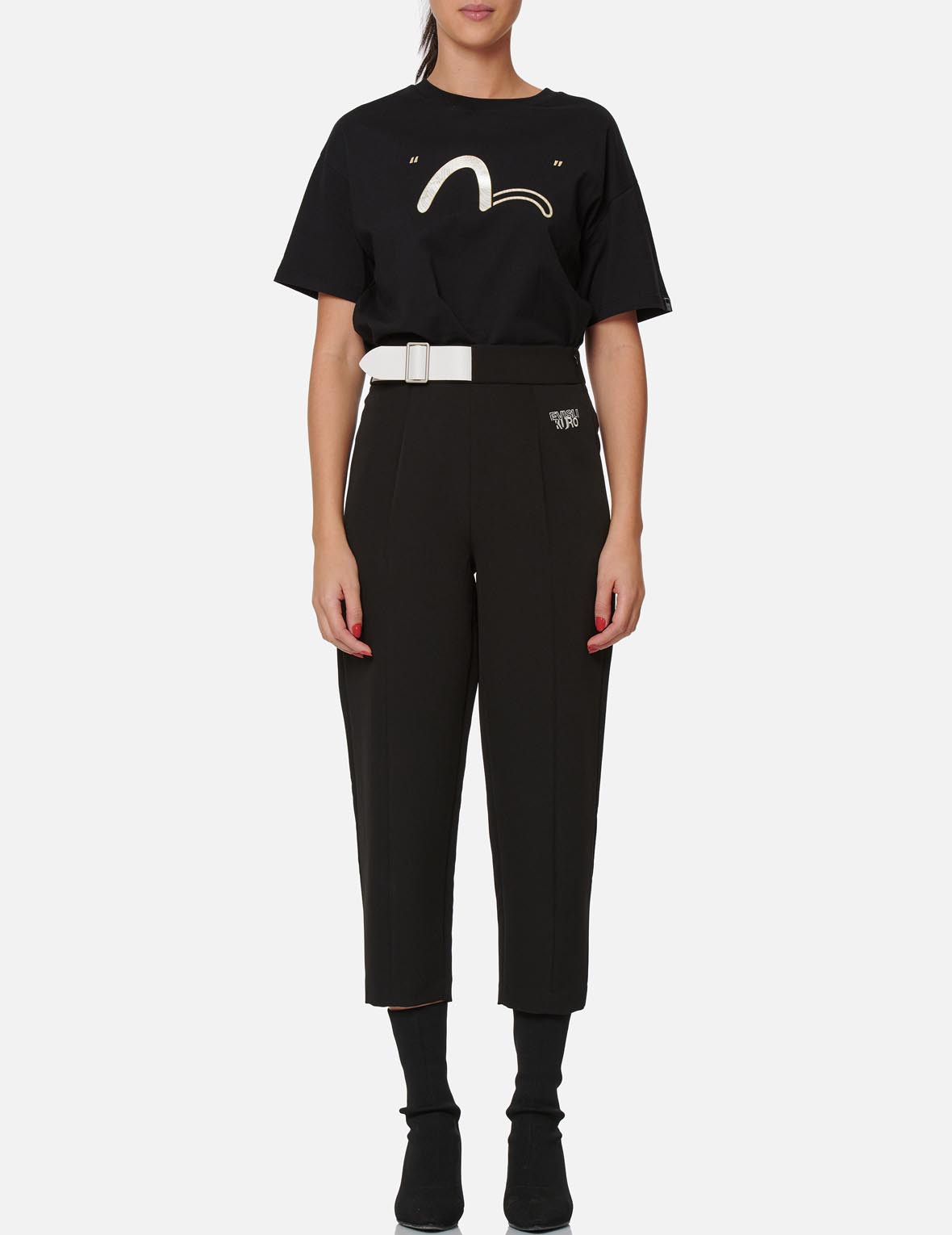 Partial Leather Buckle Belt Cropped Straight Fit Pants