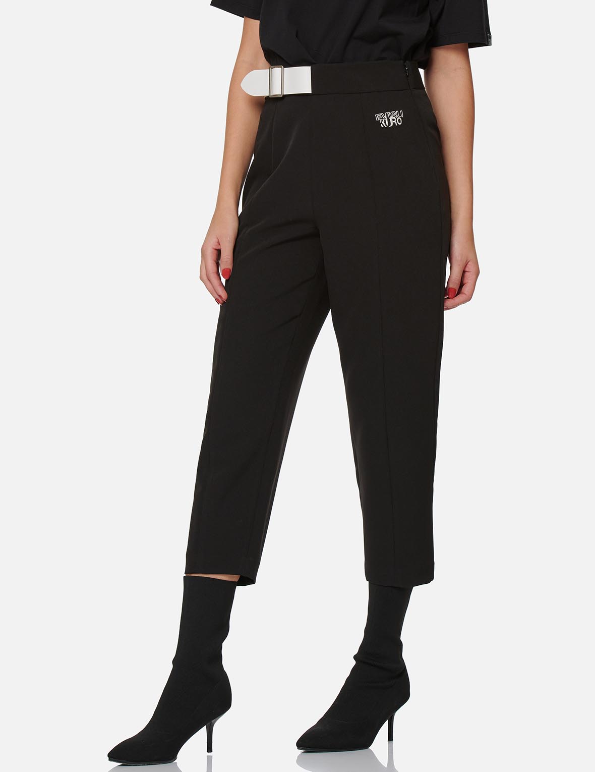 Partial Leather Buckle Belt Cropped Straight Fit Pants