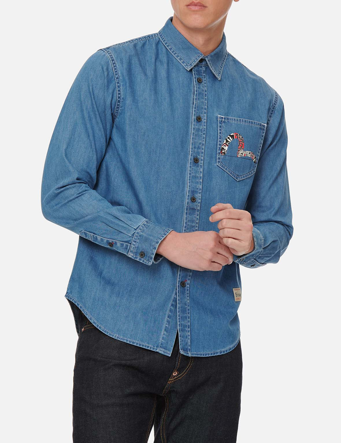 Big Catch Prayer Festival Graphic Daicock Denim Shirt