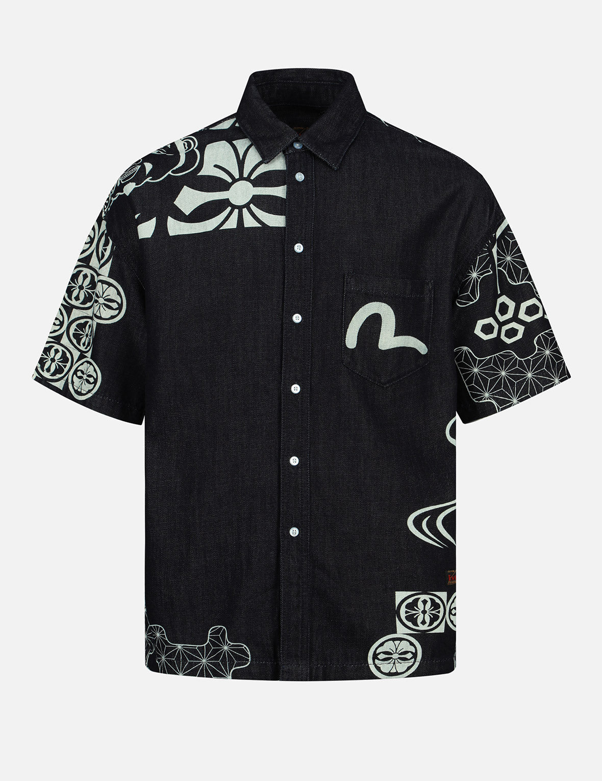 Kamon and Seagull Print Denim Shirt