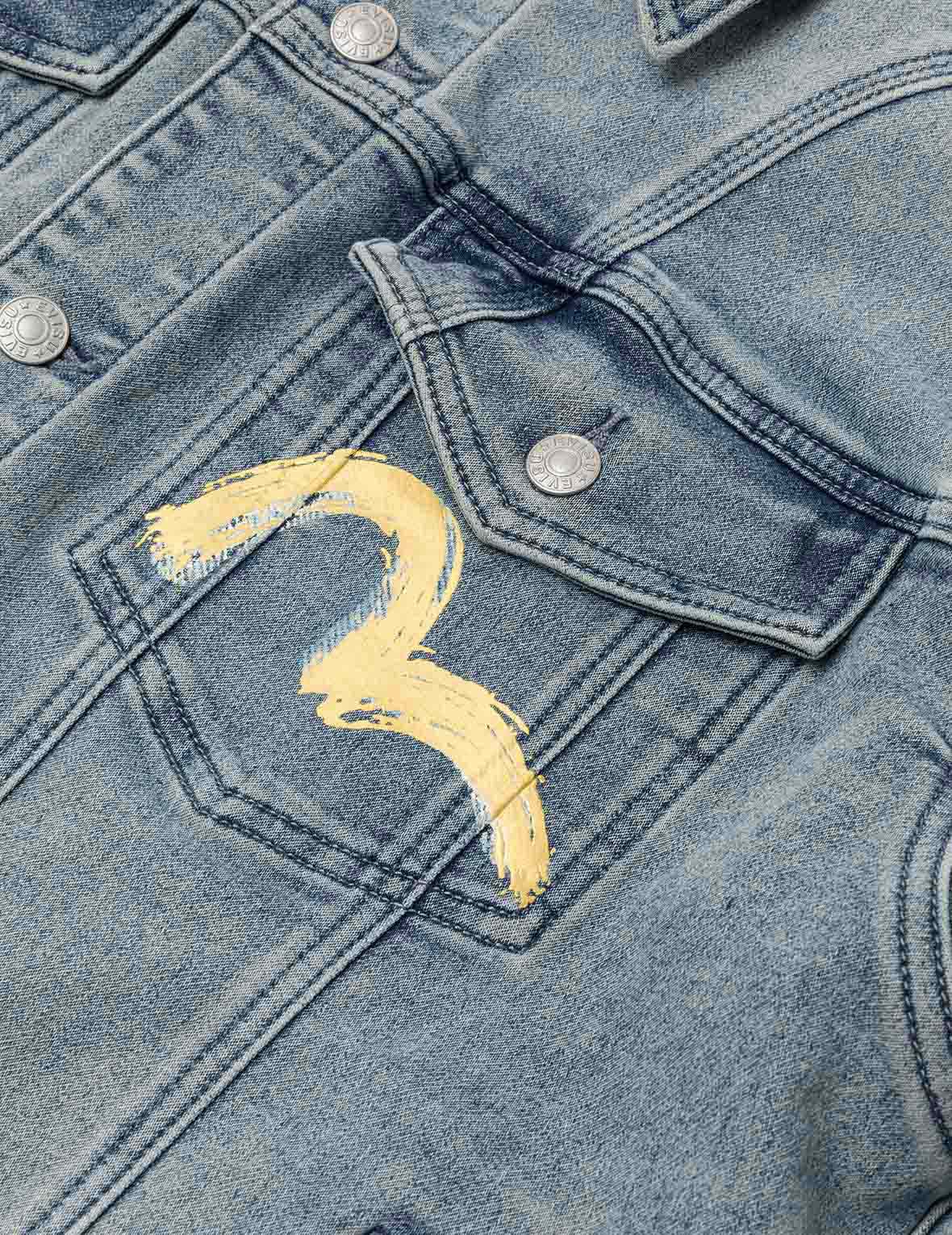 Artistic Brush Daicock Print Relax Fit Denim Jacket