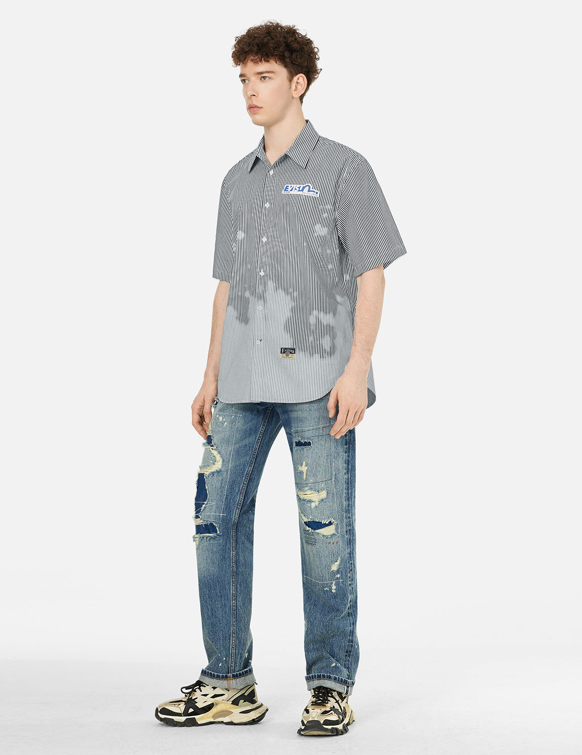 Two-tone Striped Oversized Short-sleeve Shirt – EVISU Two-tone Striped Oversized Short-sleeve Shirt – EVISU