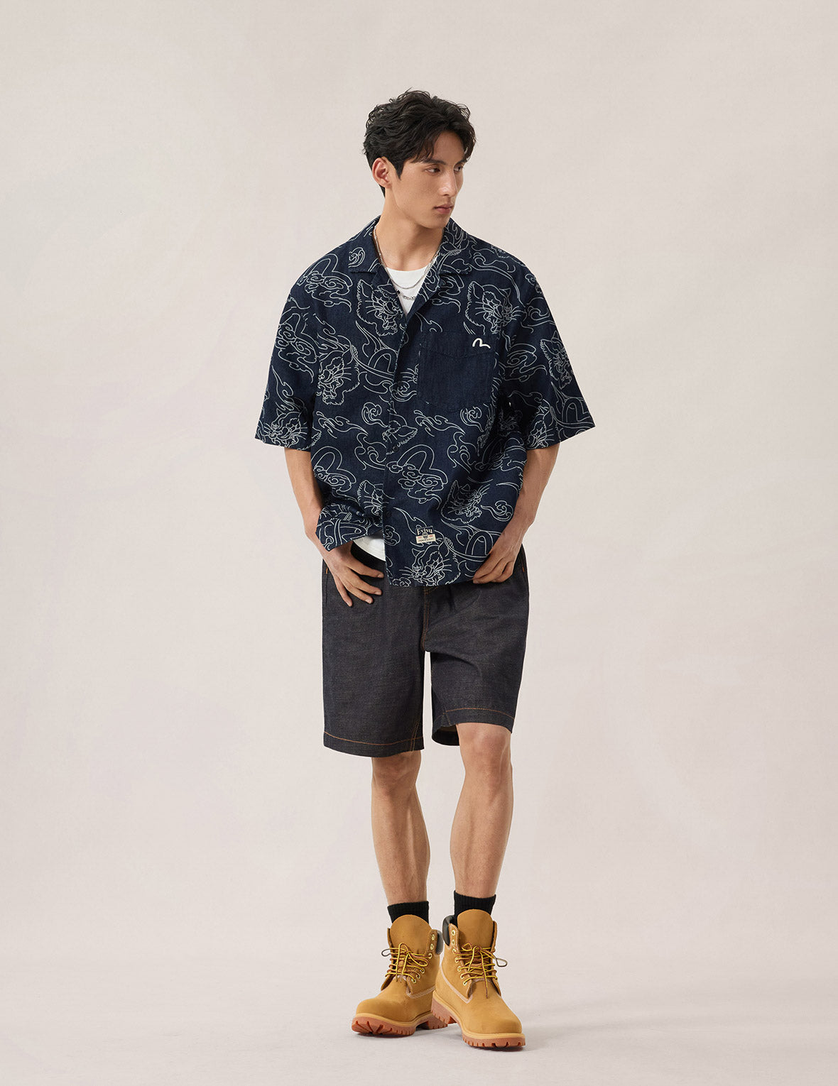Allover Leopard and Cloud Print Denim Shirt