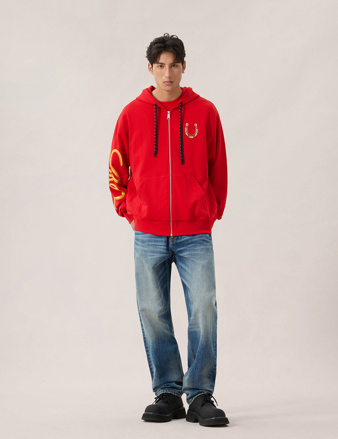 Year Of Horse Embroidery Zip-Up Hoodie - Red