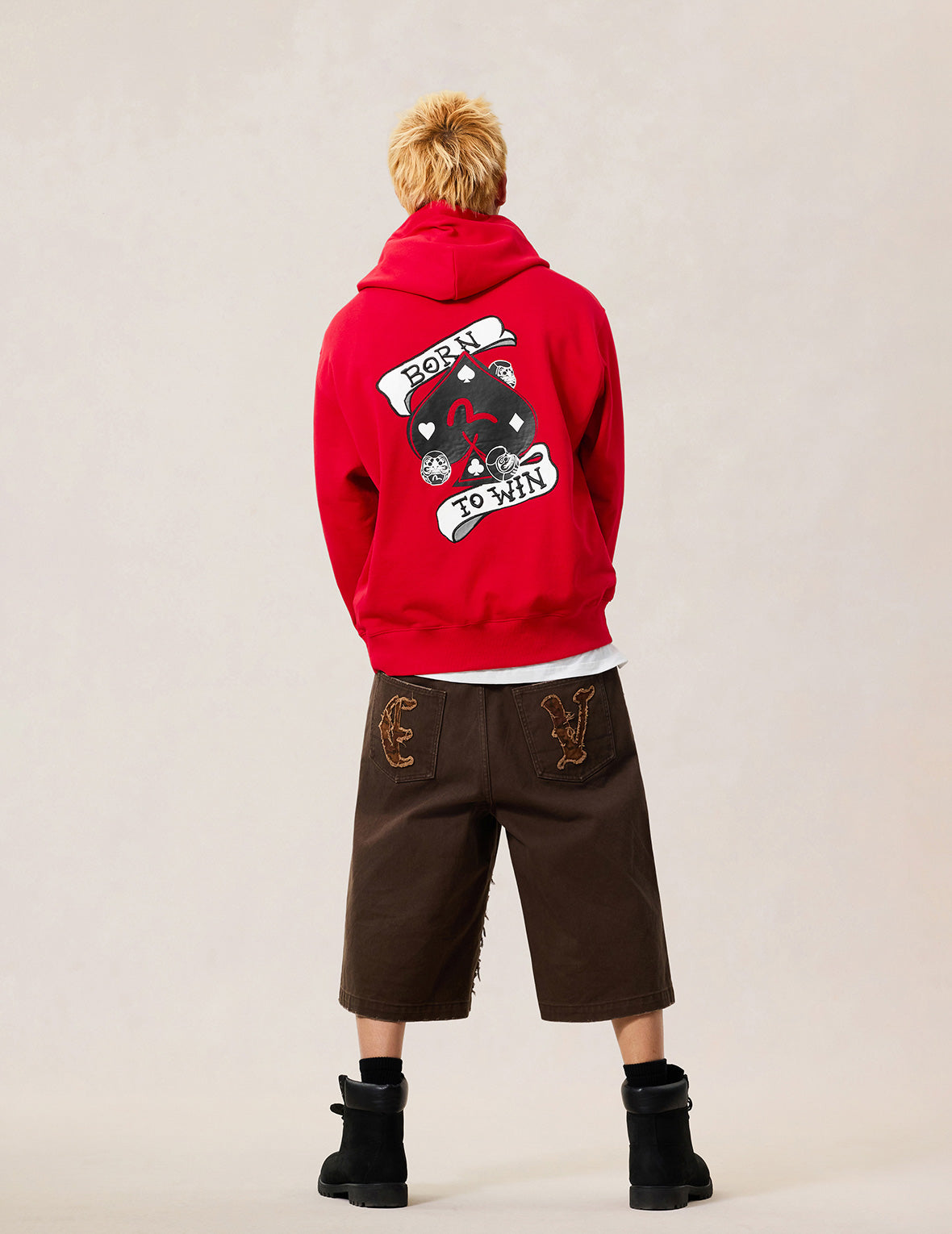 Poker Spade Embroidery Zip-up Hoodie - Red