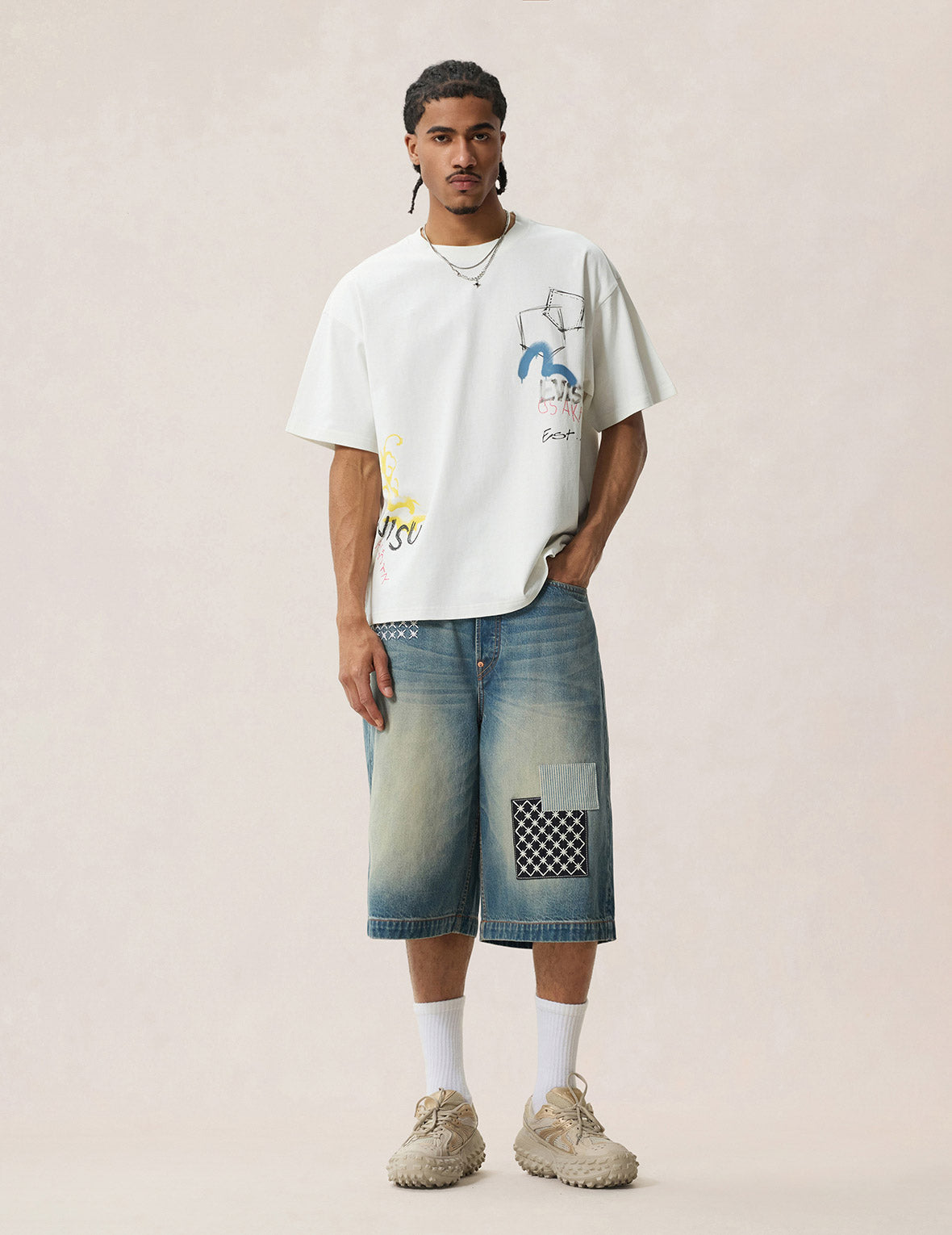 Hand-drawn Daicock and Multi-pocket Graffiti T-shirt