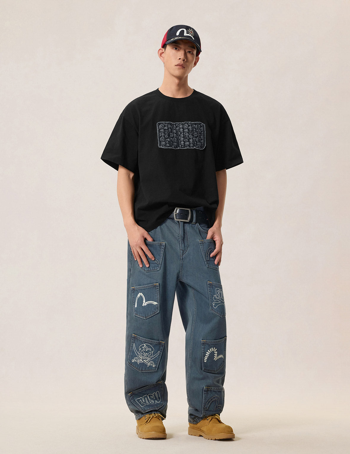 Skull Evisu Logo Distressed Tee