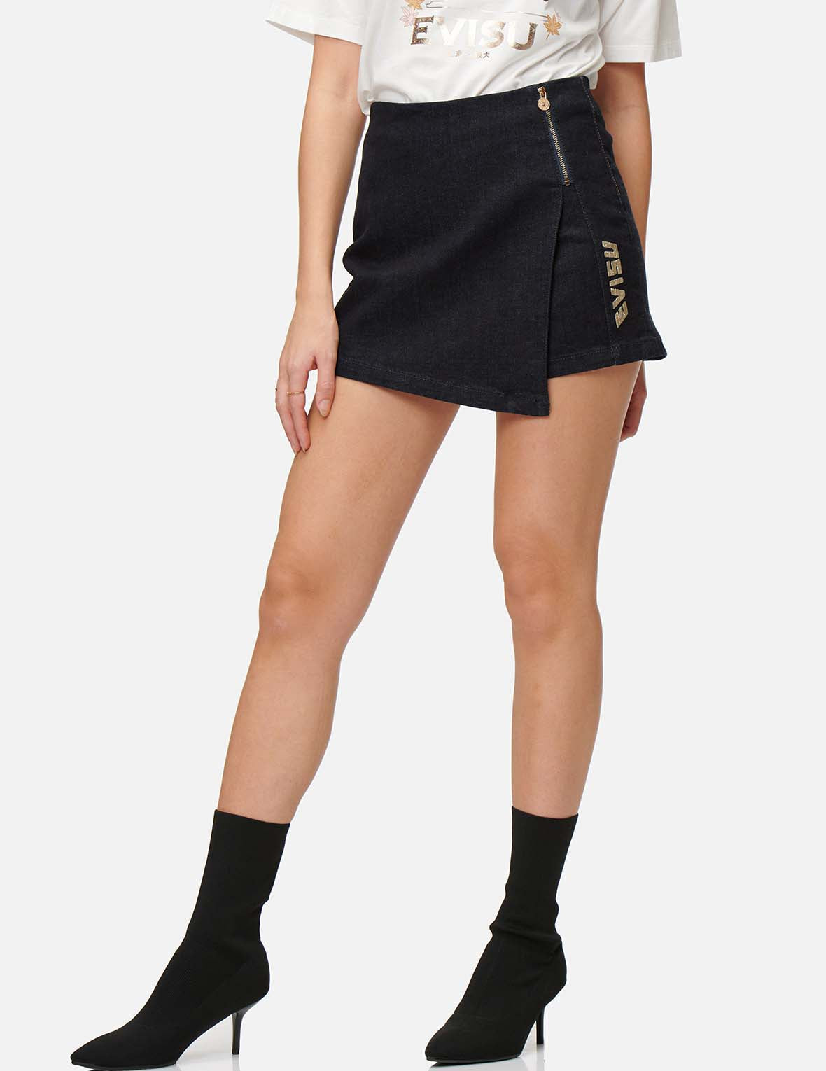 Seagull and Logo Embroidered Denim Skort
