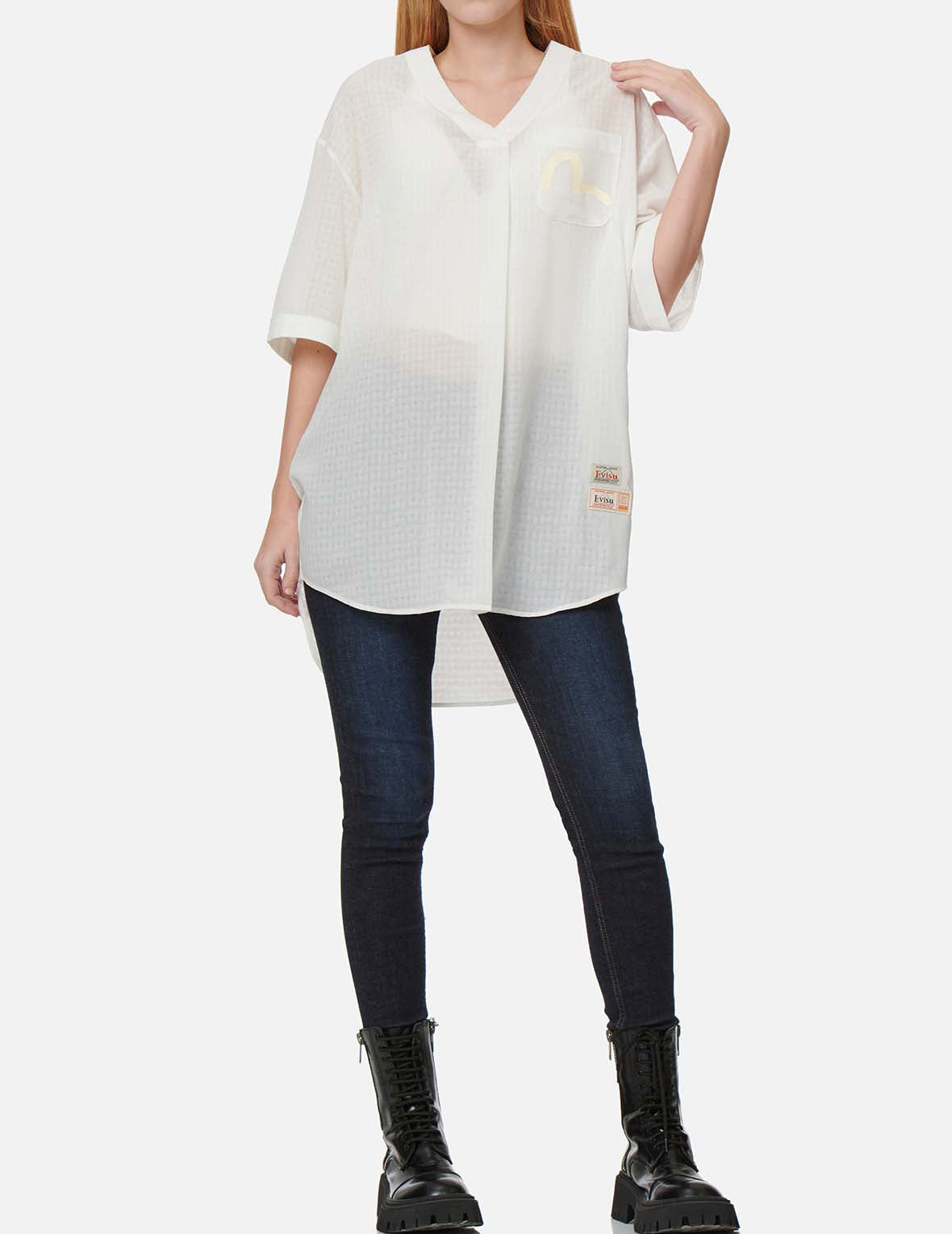 Seagull and Motto Print Seersucker V-neck Dress